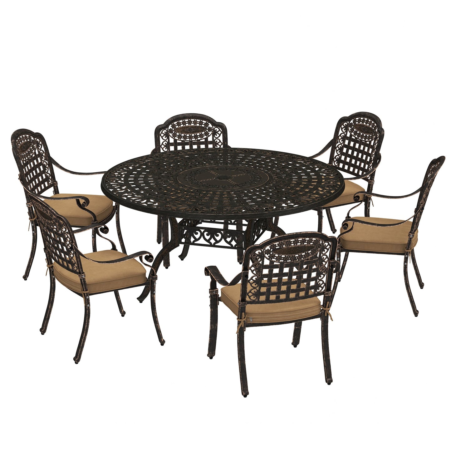 7 Pieces Cast Aluminum Patio Dining Set for 6, Patio Table and Chairs with Umbrella Hole and Cushions, Outdoor Furniture Dining Set for Garden Backyard Poolside, Bronze