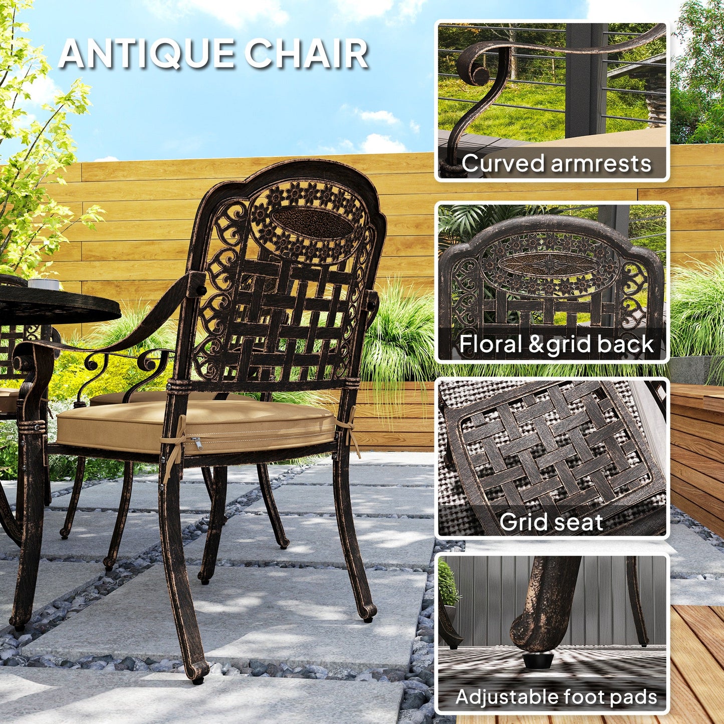7 Pieces Cast Aluminum Patio Dining Set for 6, Patio Table and Chairs with Umbrella Hole and Cushions, Outdoor Furniture Dining Set for Garden Backyard Poolside, Bronze