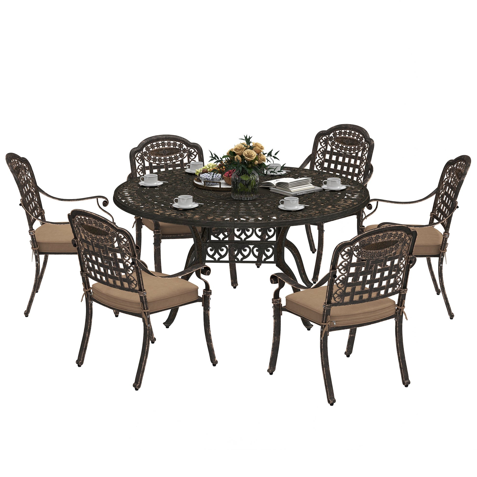 7 Pieces Cast Aluminum Patio Dining Set for 6, Patio Table and Chairs with Umbrella Hole and Cushions, Outdoor Furniture Dining Set for Garden Backyard Poolside, Bronze