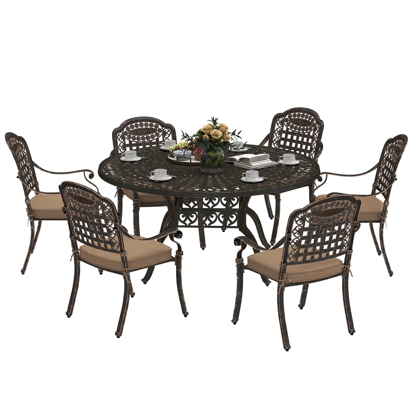7 Pieces Cast Aluminum Patio Dining Set for 6, Patio Table and Chairs with Umbrella Hole and Cushions, Outdoor Furniture Dining Set for Garden Backyard Poolside, Bronze