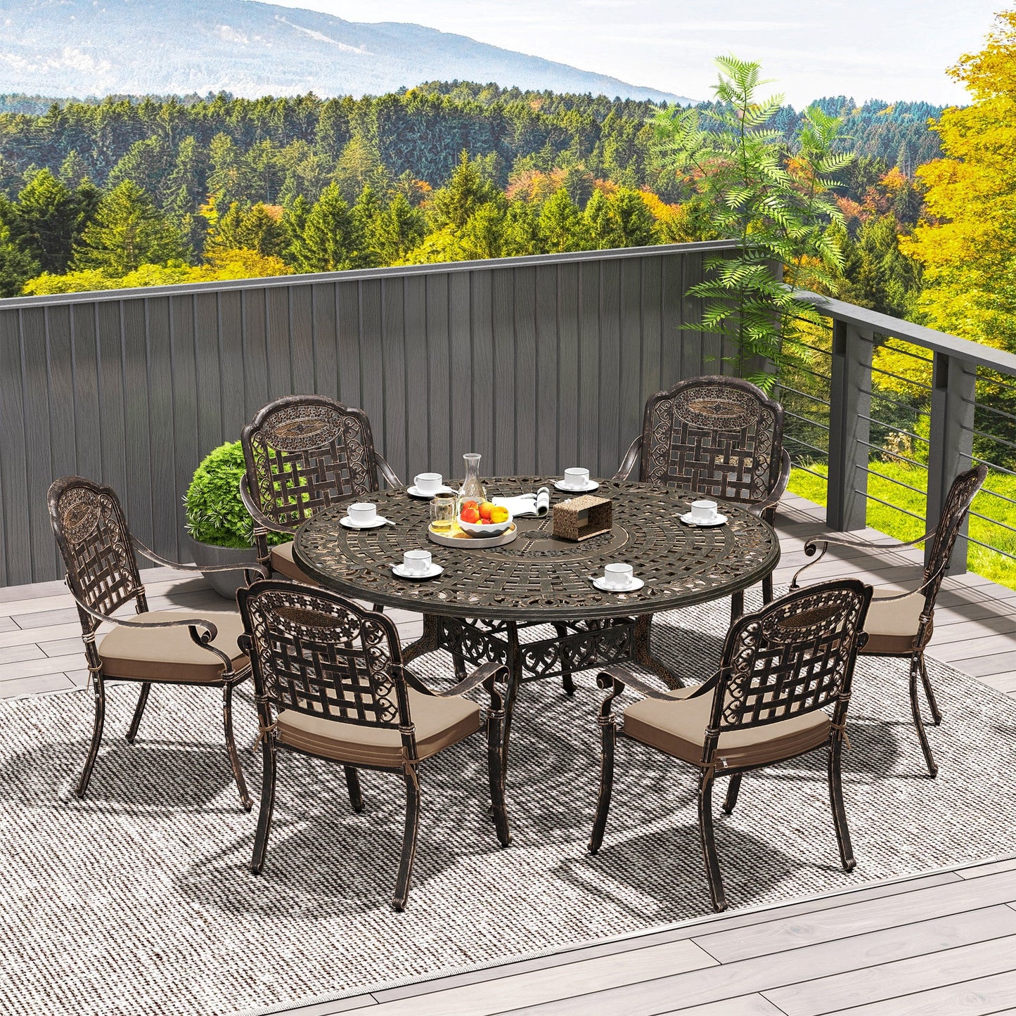 7 Pieces Cast Aluminum Patio Dining Set for 6, Patio Table and Chairs with Umbrella Hole and Cushions, Outdoor Furniture Dining Set for Garden Backyard Poolside, Bronze