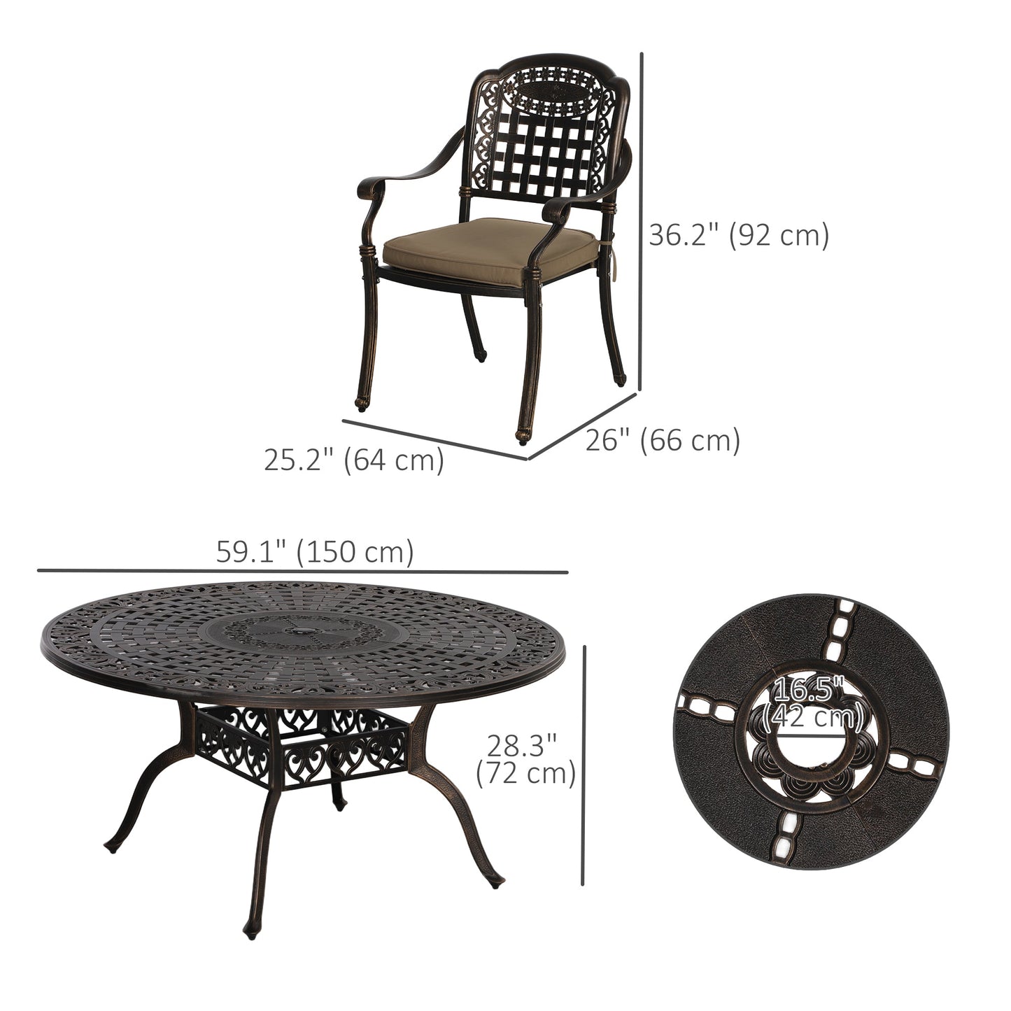 7 Pieces Cast Aluminum Patio Dining Set for 6, Patio Table and Chairs with Umbrella Hole and Cushions, Outdoor Furniture Dining Set for Garden Backyard Poolside, Bronze