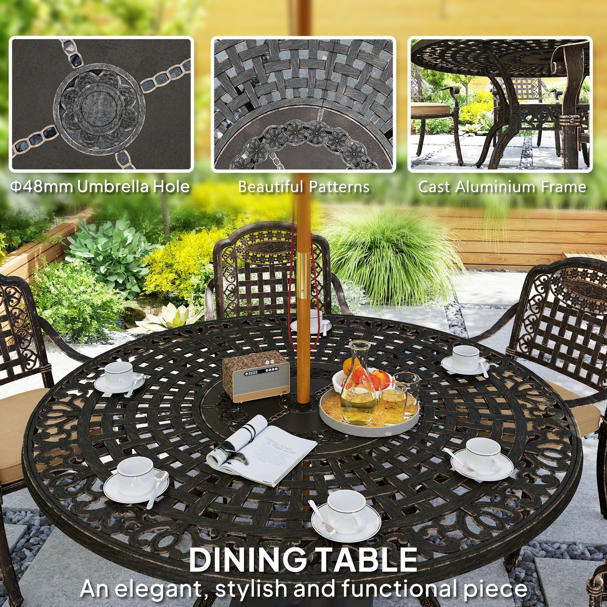 7 Pieces Cast Aluminum Patio Dining Set for 6, Patio Table and Chairs with Umbrella Hole and Cushions, Outdoor Furniture Dining Set for Garden Backyard Poolside, Bronze