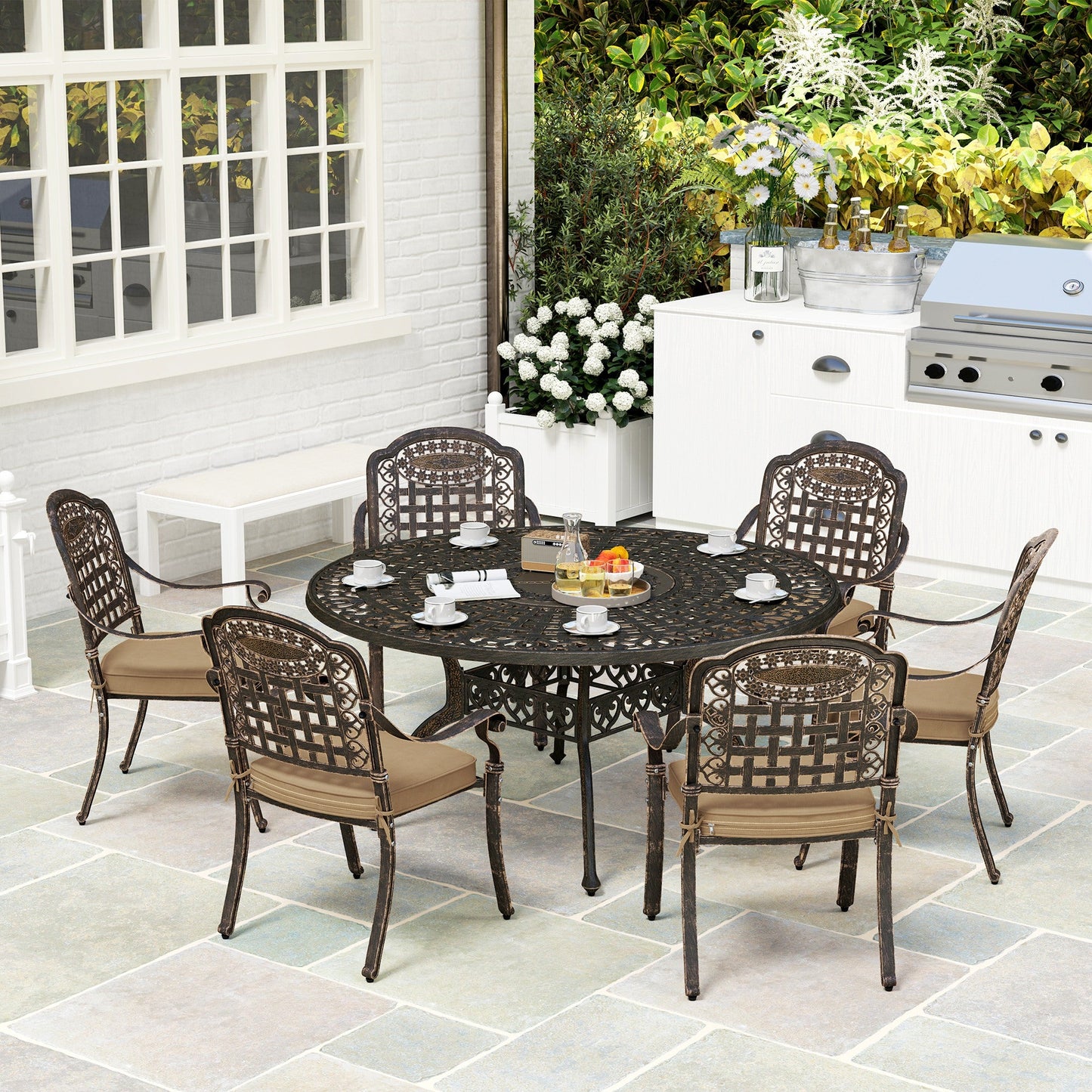 7 Pieces Cast Aluminum Patio Dining Set for 6, Patio Table and Chairs with Umbrella Hole and Cushions, Outdoor Furniture Dining Set for Garden Backyard Poolside, Bronze