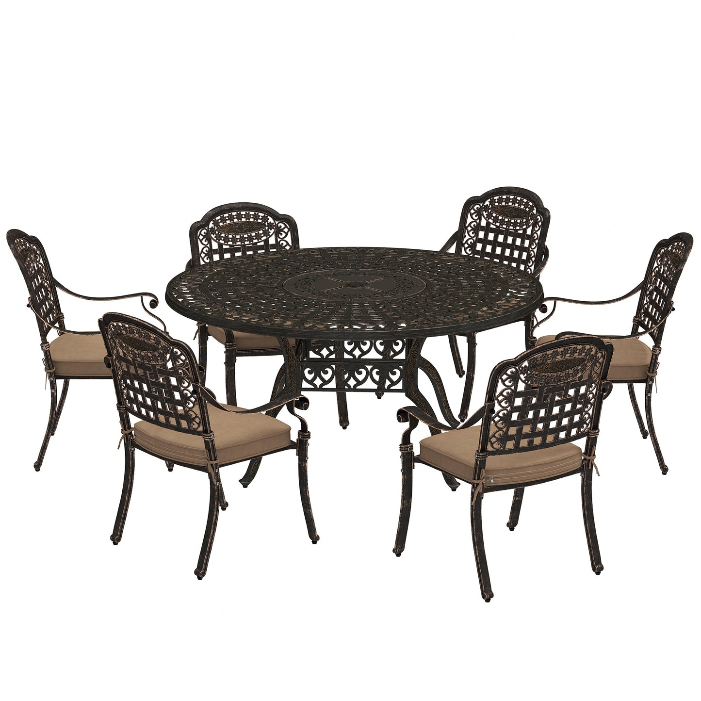 7 Pieces Cast Aluminum Patio Dining Set for 6, Patio Table and Chairs with Umbrella Hole and Cushions, Outdoor Furniture Dining Set for Garden Backyard Poolside, Bronze