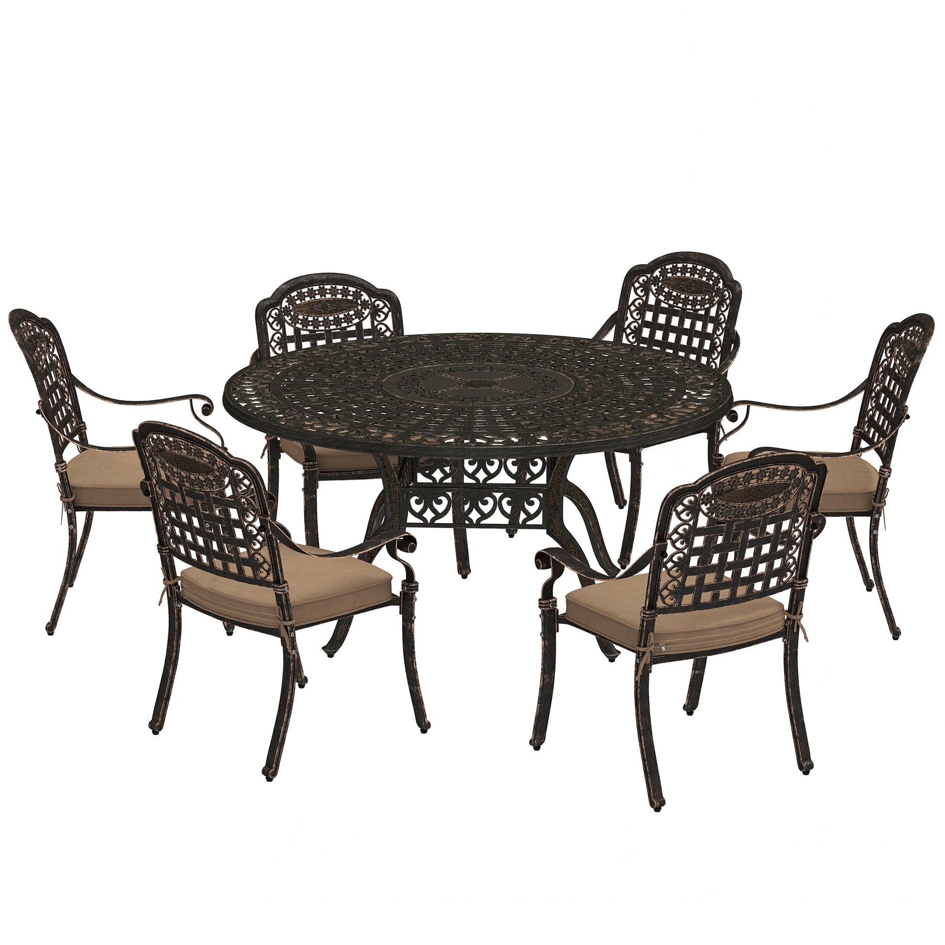 7 Pieces Cast Aluminum Patio Dining Set for 6, Patio Table and Chairs with Umbrella Hole and Cushions, Outdoor Furniture Dining Set for Garden Backyard Poolside, Bronze