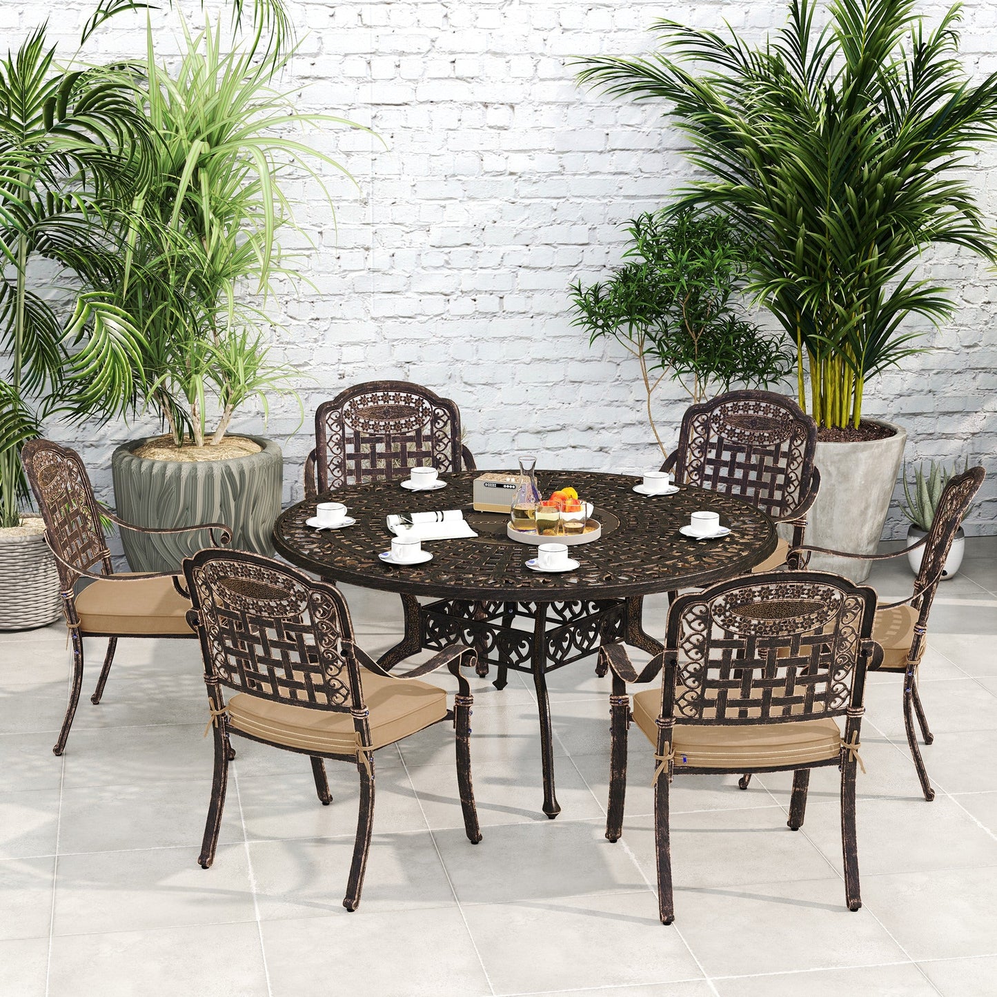 7 Pieces Cast Aluminum Patio Dining Set for 6, Patio Table and Chairs with Umbrella Hole and Cushions, Outdoor Furniture Dining Set for Garden Backyard Poolside, Bronze