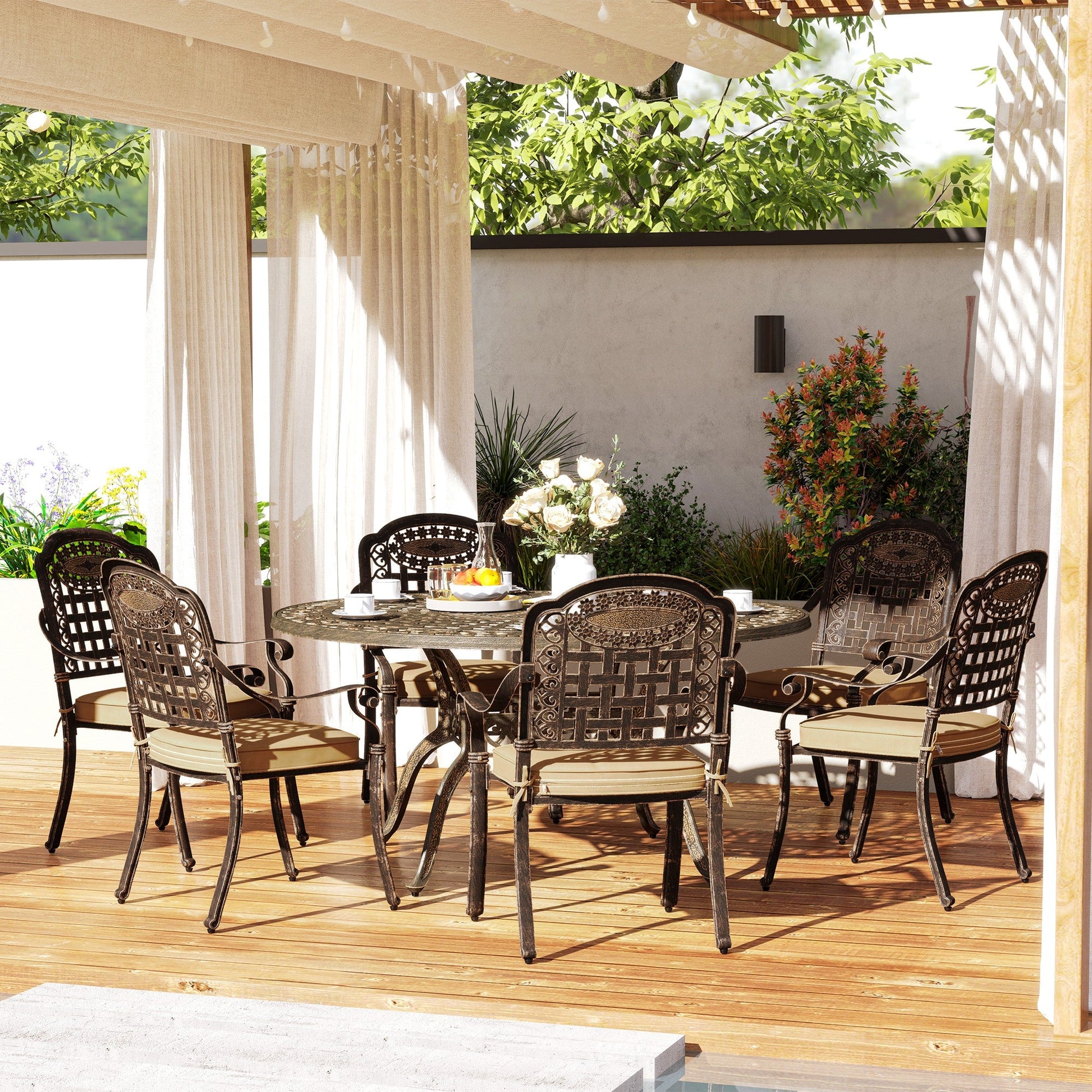 7 Pieces Cast Aluminum Patio Dining Set for 6, Patio Table and Chairs with Umbrella Hole and Cushions, Outdoor Furniture Dining Set for Garden Backyard Poolside, Bronze