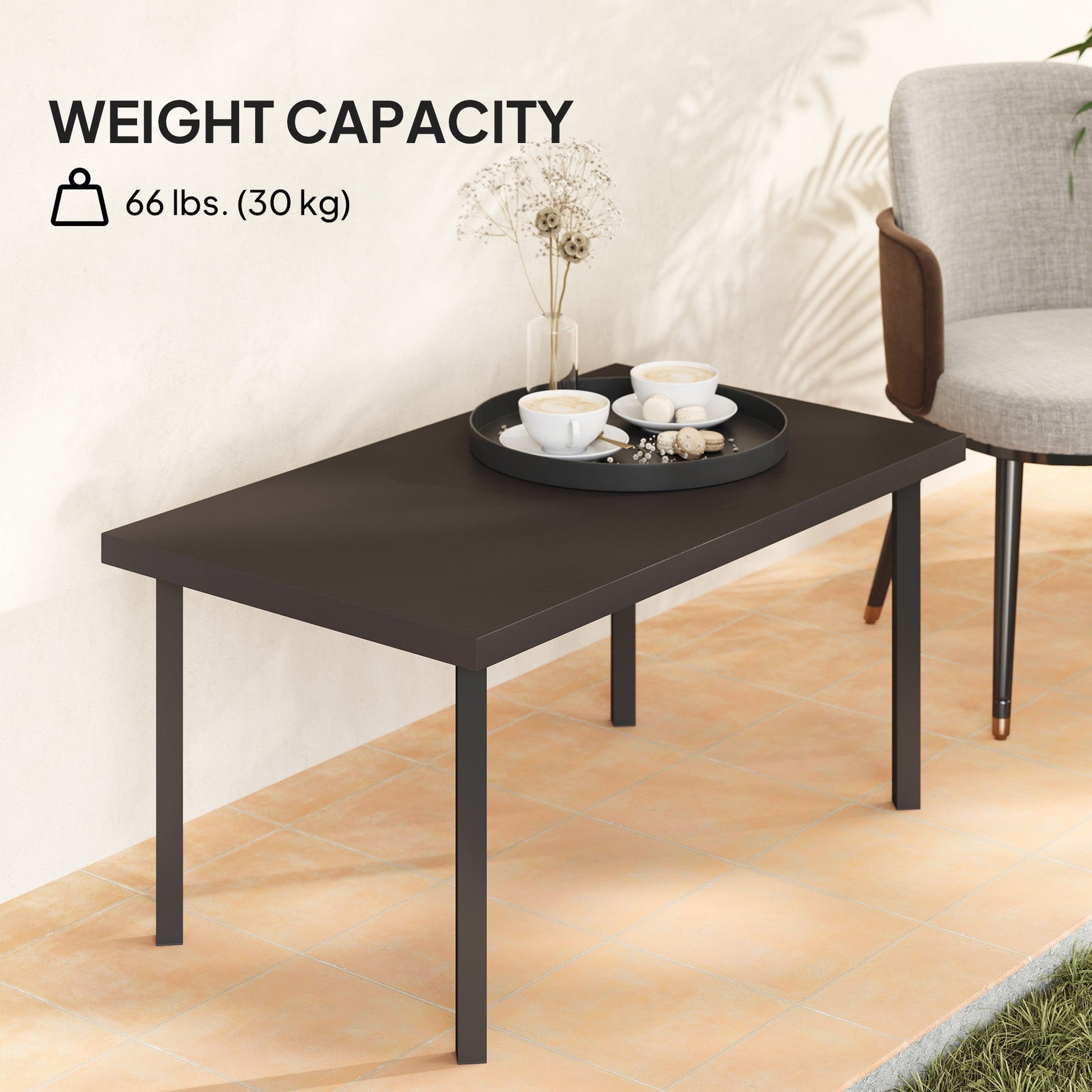Metal Patio Coffee Table, Rectangle Outdoor Side Table with Woodgrain Tabletop, Foot Pads for Outside Garden Patio Lawn, Brown