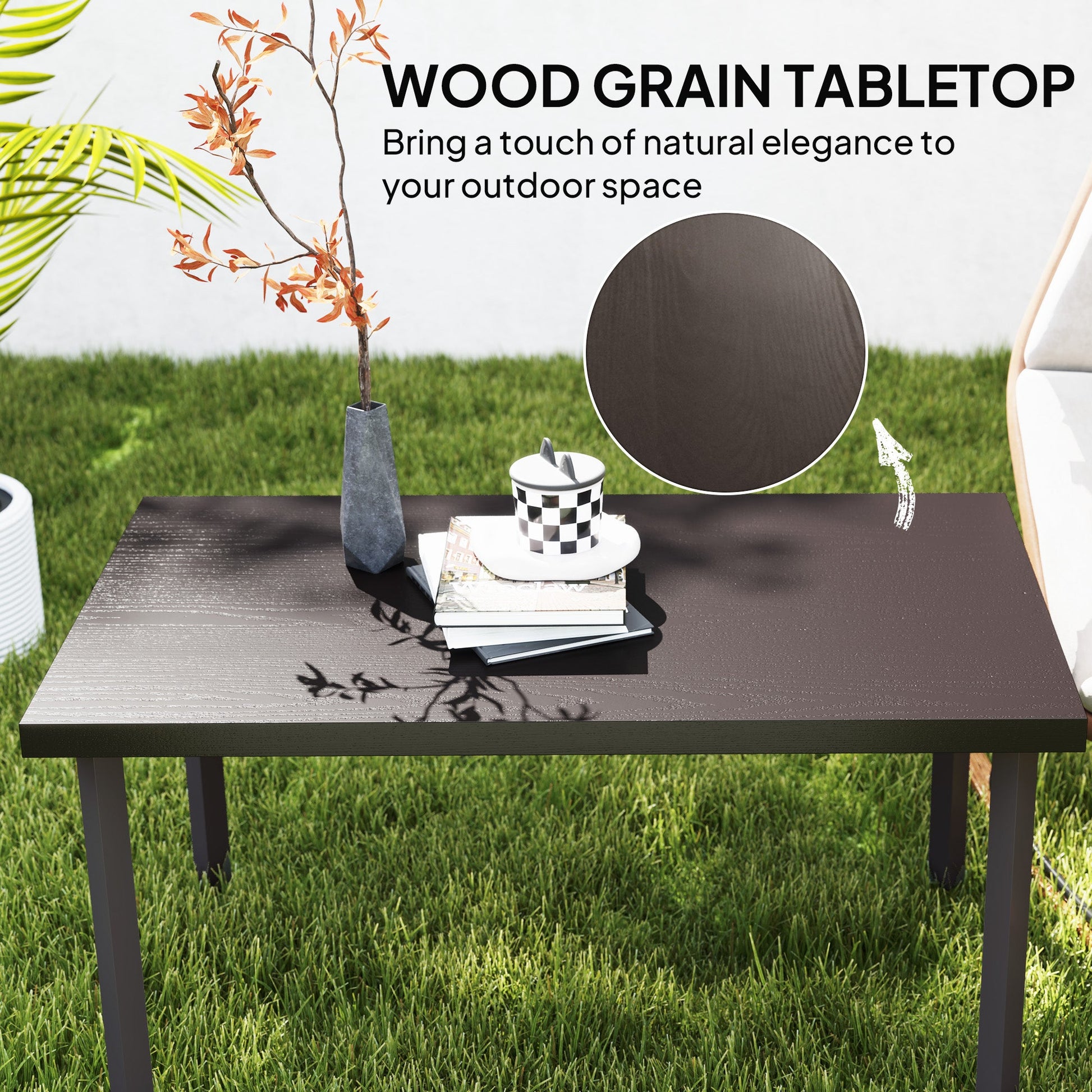 Metal Patio Coffee Table, Rectangle Outdoor Side Table with Woodgrain Tabletop, Foot Pads for Outside Garden Patio Lawn, Brown