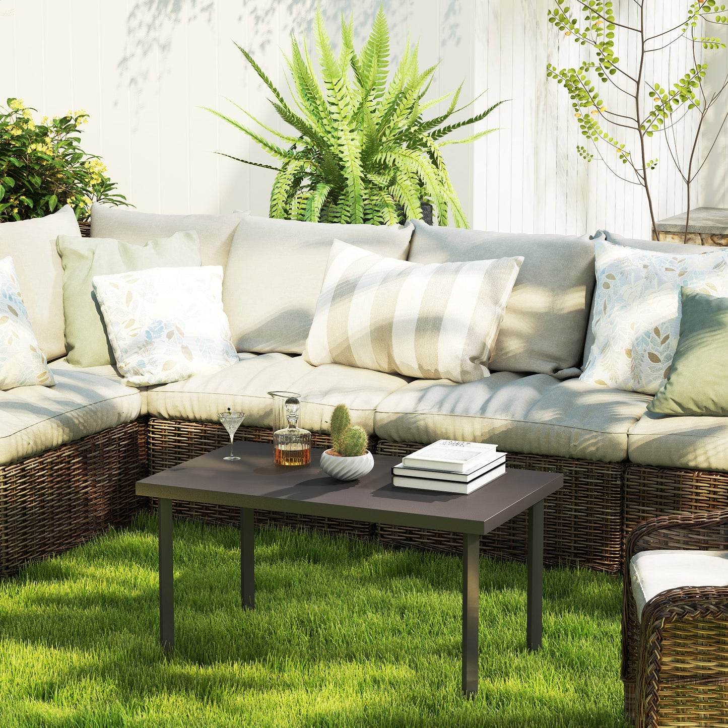 Metal Patio Coffee Table, Rectangle Outdoor Side Table with Woodgrain Tabletop, Foot Pads for Outside Garden Patio Lawn, Brown