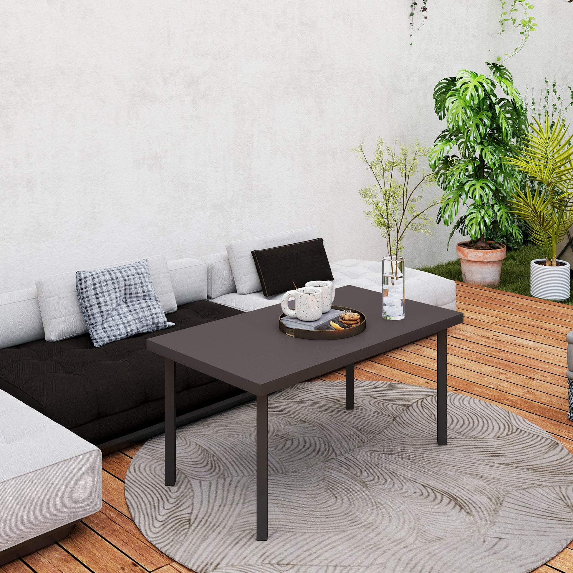 Metal Patio Coffee Table, Rectangle Outdoor Side Table with Woodgrain Tabletop, Foot Pads for Outside Garden Patio Lawn, Brown