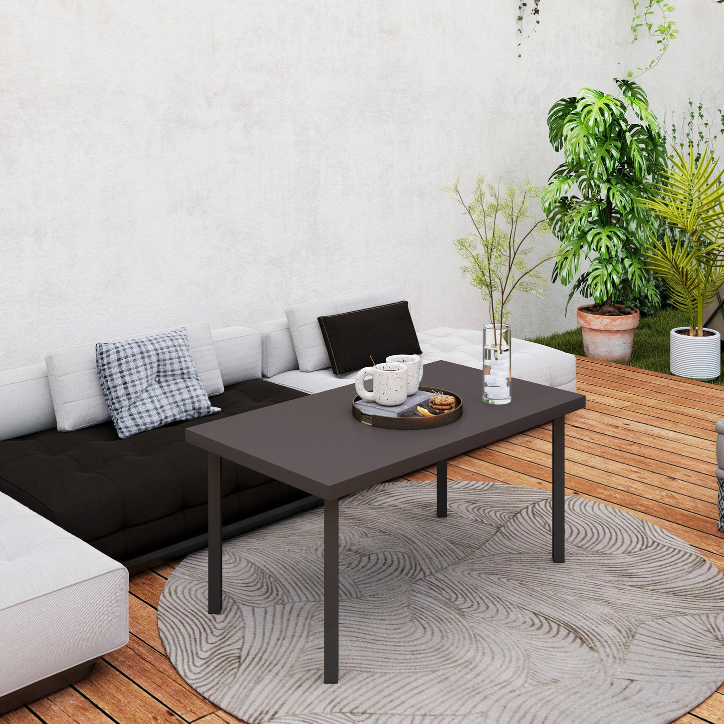 Metal Patio Coffee Table, Rectangle Outdoor Side Table with Woodgrain Tabletop, Foot Pads for Outside Garden Patio Lawn, Brown