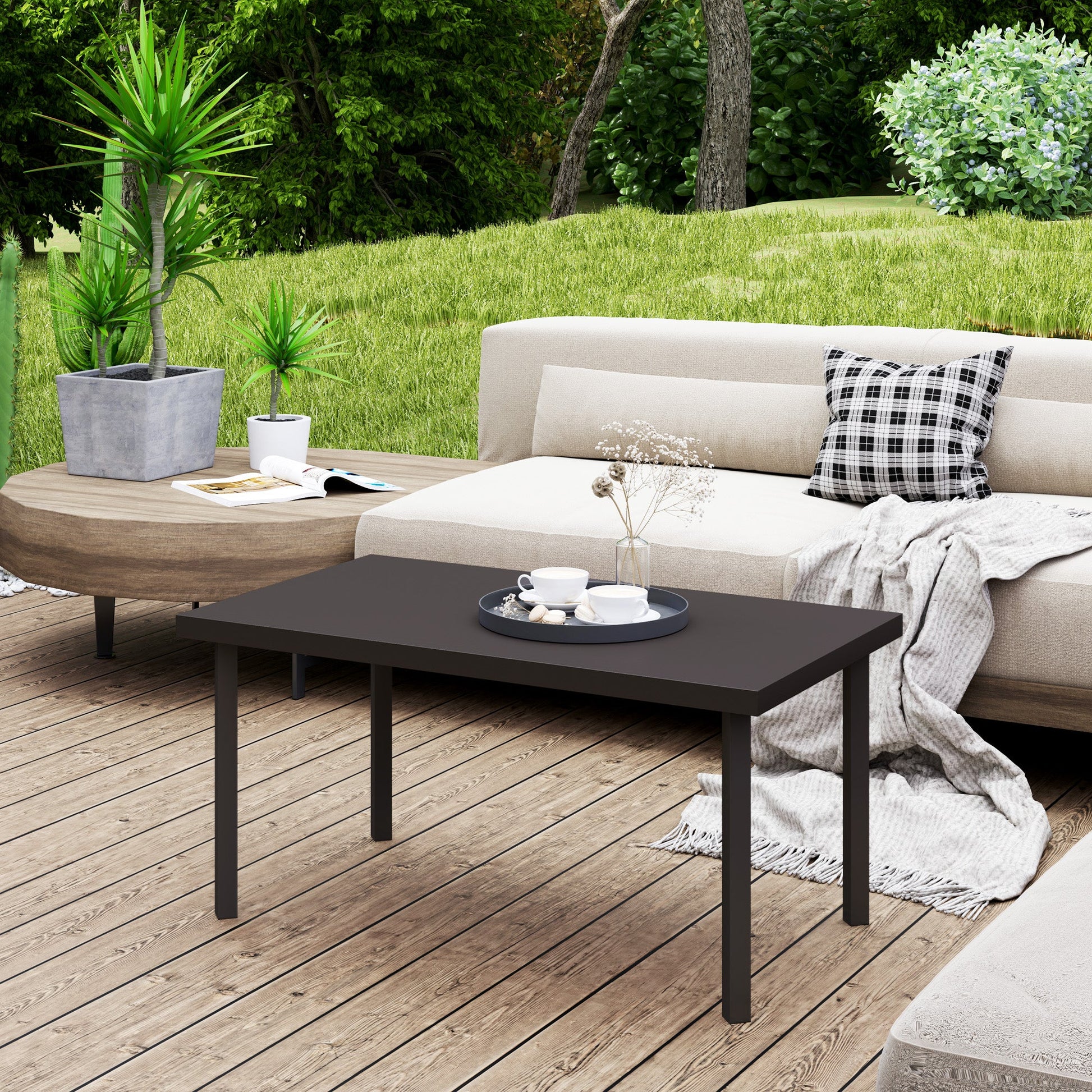 Metal Patio Coffee Table, Rectangle Outdoor Side Table with Woodgrain Tabletop, Foot Pads for Outside Garden Patio Lawn, Brown