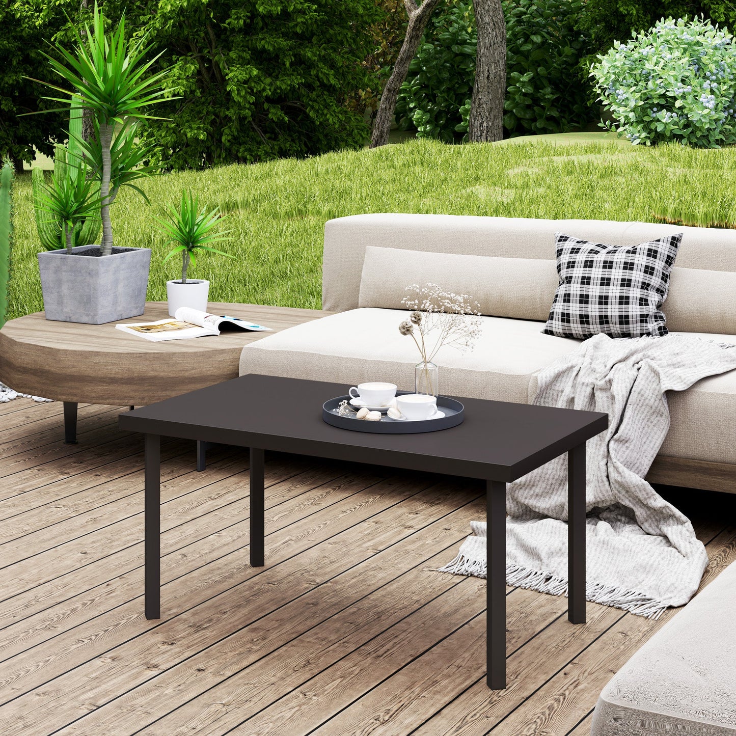 Metal Patio Coffee Table, Rectangle Outdoor Side Table with Woodgrain Tabletop, Foot Pads for Outside Garden Patio Lawn, Brown