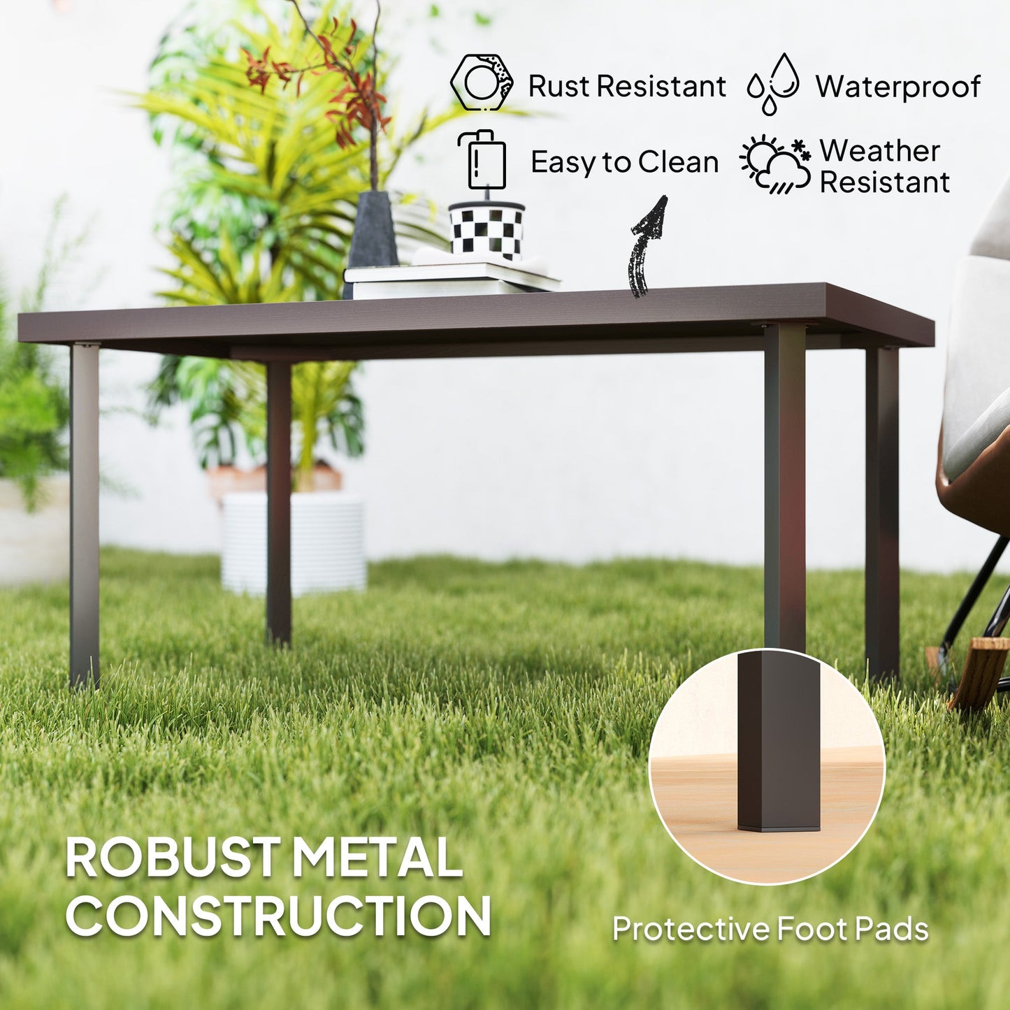 Metal Patio Coffee Table, Rectangle Outdoor Side Table with Woodgrain Tabletop, Foot Pads for Outside Garden Patio Lawn, Brown