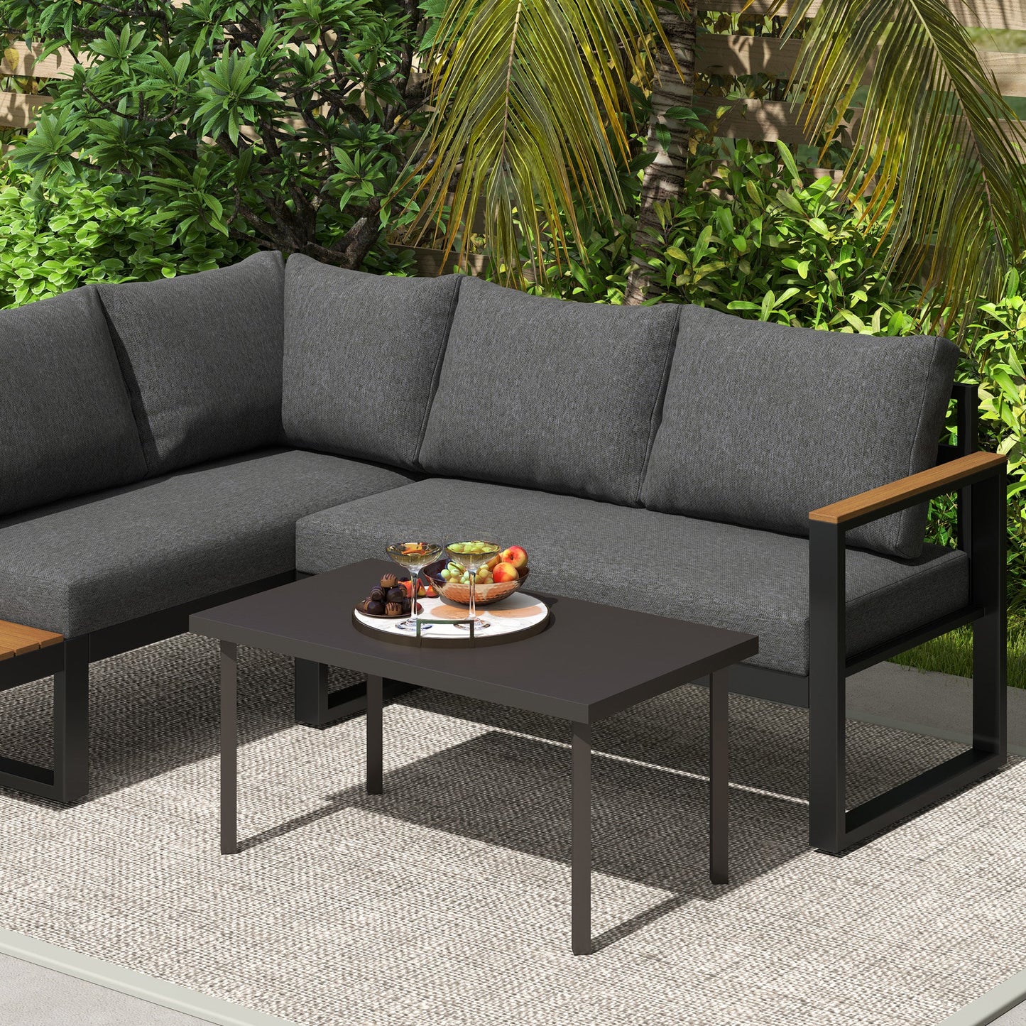 Metal Patio Coffee Table, Rectangle Outdoor Side Table with Woodgrain Tabletop, Foot Pads for Outside Garden Patio Lawn, Brown