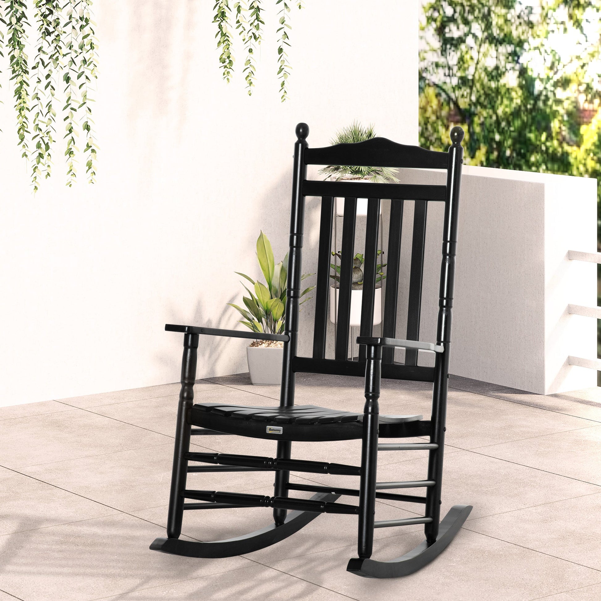 Wooden Outdoor Rocking Chair, Patio Rocking Chair with Slatted High Back and Armrests, Patio Chair for Porch, Garden, Lawn, Black