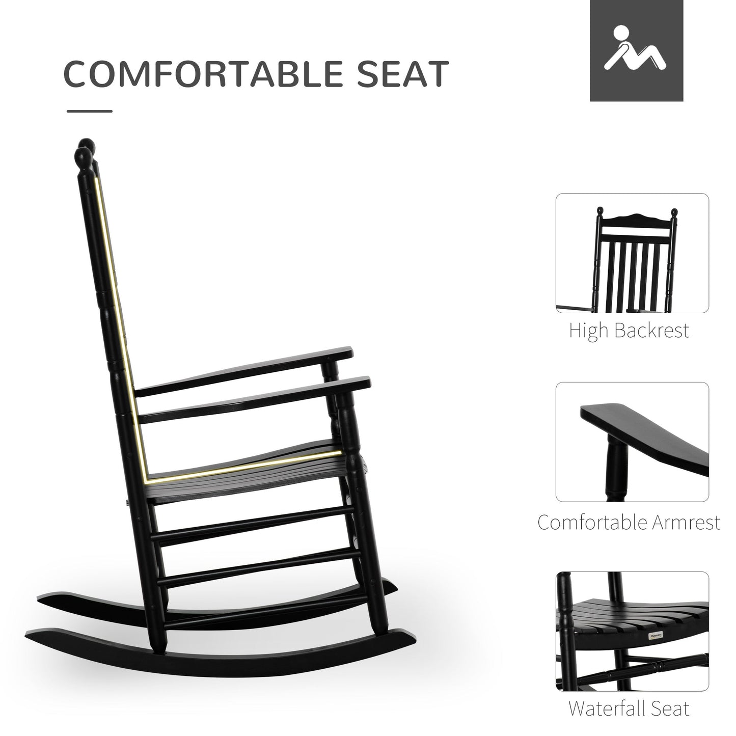 Wooden Outdoor Rocking Chair, Patio Rocking Chair with Slatted High Back and Armrests, Patio Chair for Porch, Garden, Lawn, Black