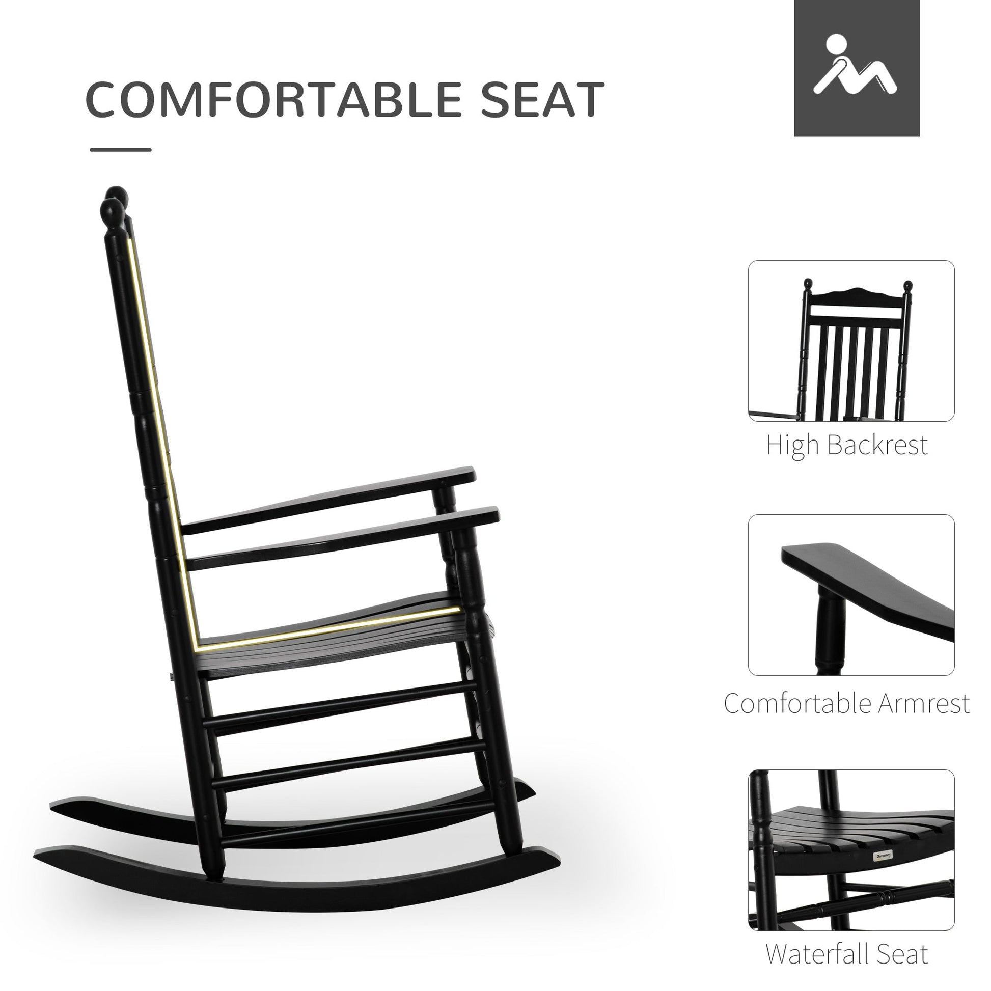 Wooden Outdoor Rocking Chair, Patio Rocking Chair with Slatted High Back and Armrests, Patio Chair for Porch, Garden, Lawn, Black