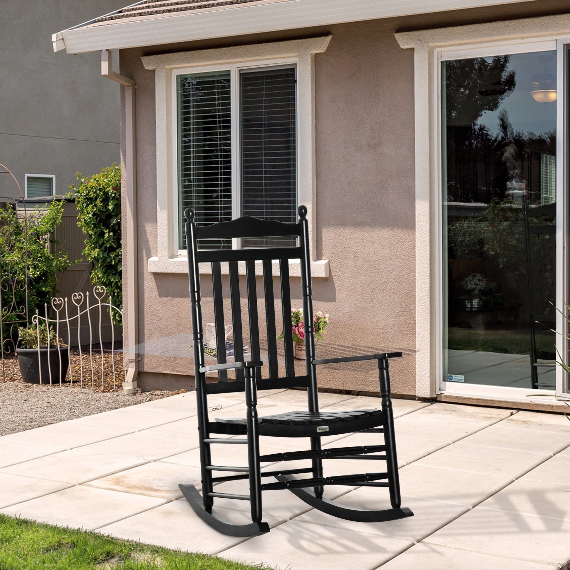 Wooden Outdoor Rocking Chair, Patio Rocking Chair with Slatted High Back and Armrests, Patio Chair for Porch, Garden, Lawn, Black