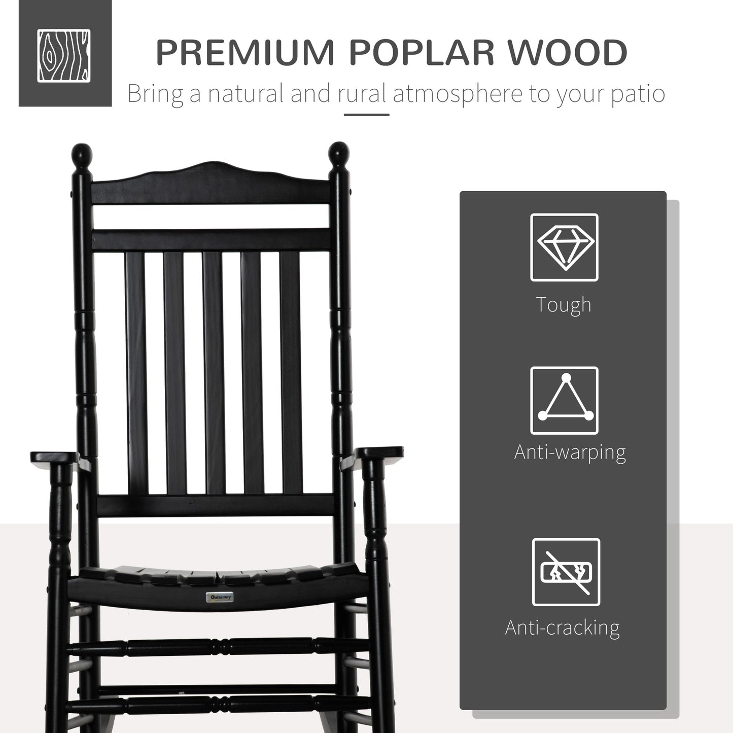 Wooden Outdoor Rocking Chair, Patio Rocking Chair with Slatted High Back and Armrests, Patio Chair for Porch, Garden, Lawn, Black