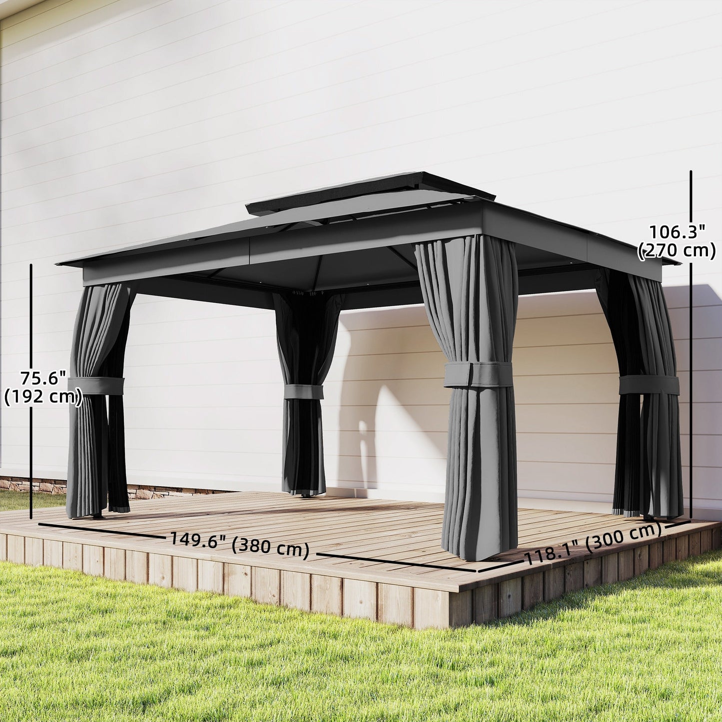 10' x 12.5' Outdoor Gazebo with Curtains and Netting, Double Roof Patio Gazebo Permanent Pavilion Canopy Shelter with Metal Frame, Hooks, UPF30+ Protection, Dark Grey