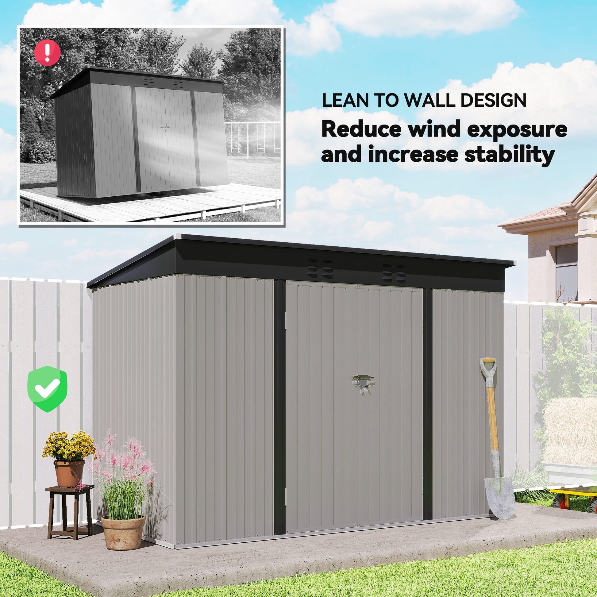 9' x 4' Storage Shed, Galvanized Steel Garden Shed, Wide Double Door with Lock, Gloves and 2 Air Vents for Backyard, Patio, Lawn, Grey