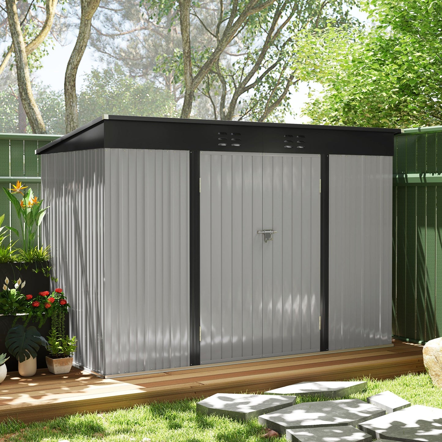9' x 4' Storage Shed, Galvanized Steel Garden Shed, Wide Double Door with Lock, Gloves and 2 Air Vents for Backyard, Patio, Lawn, Grey
