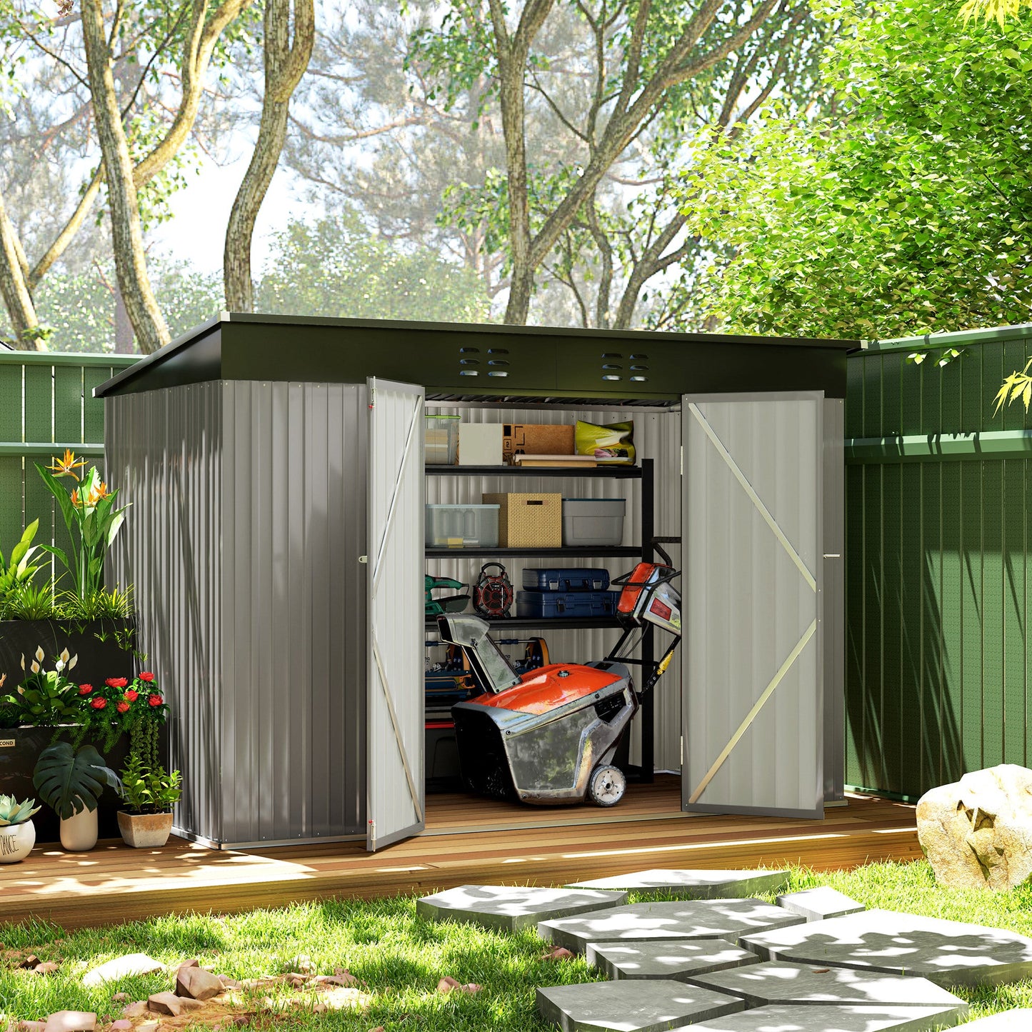 9' x 4' Storage Shed, Galvanized Steel Garden Shed, Wide Double Door with Lock, Gloves and 2 Air Vents for Backyard, Patio, Lawn, Grey