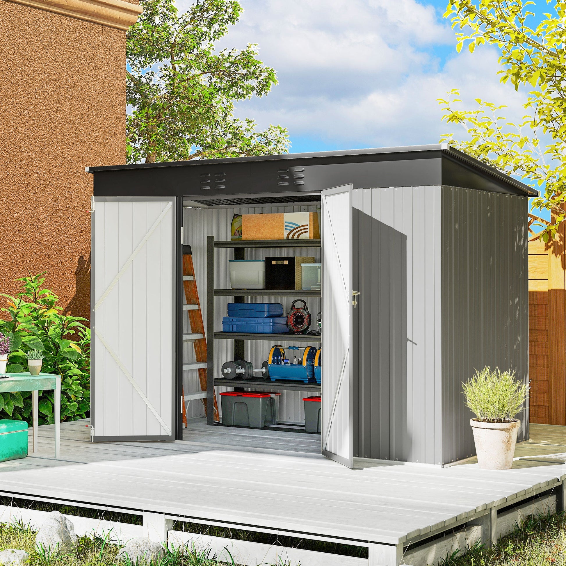 9' x 4' Storage Shed, Galvanized Steel Garden Shed, Wide Double Door with Lock, Gloves and 2 Air Vents for Backyard, Patio, Lawn, Grey