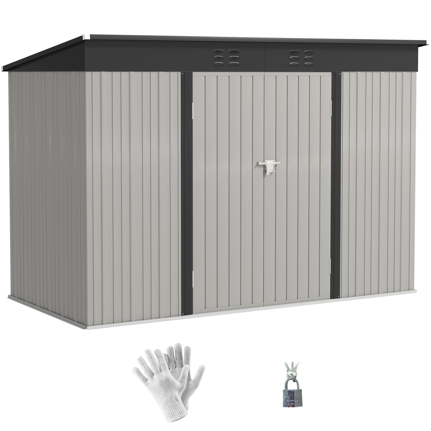 9' x 4' Storage Shed, Galvanized Steel Garden Shed, Wide Double Door with Lock, Gloves and 2 Air Vents for Backyard, Patio, Lawn, Grey