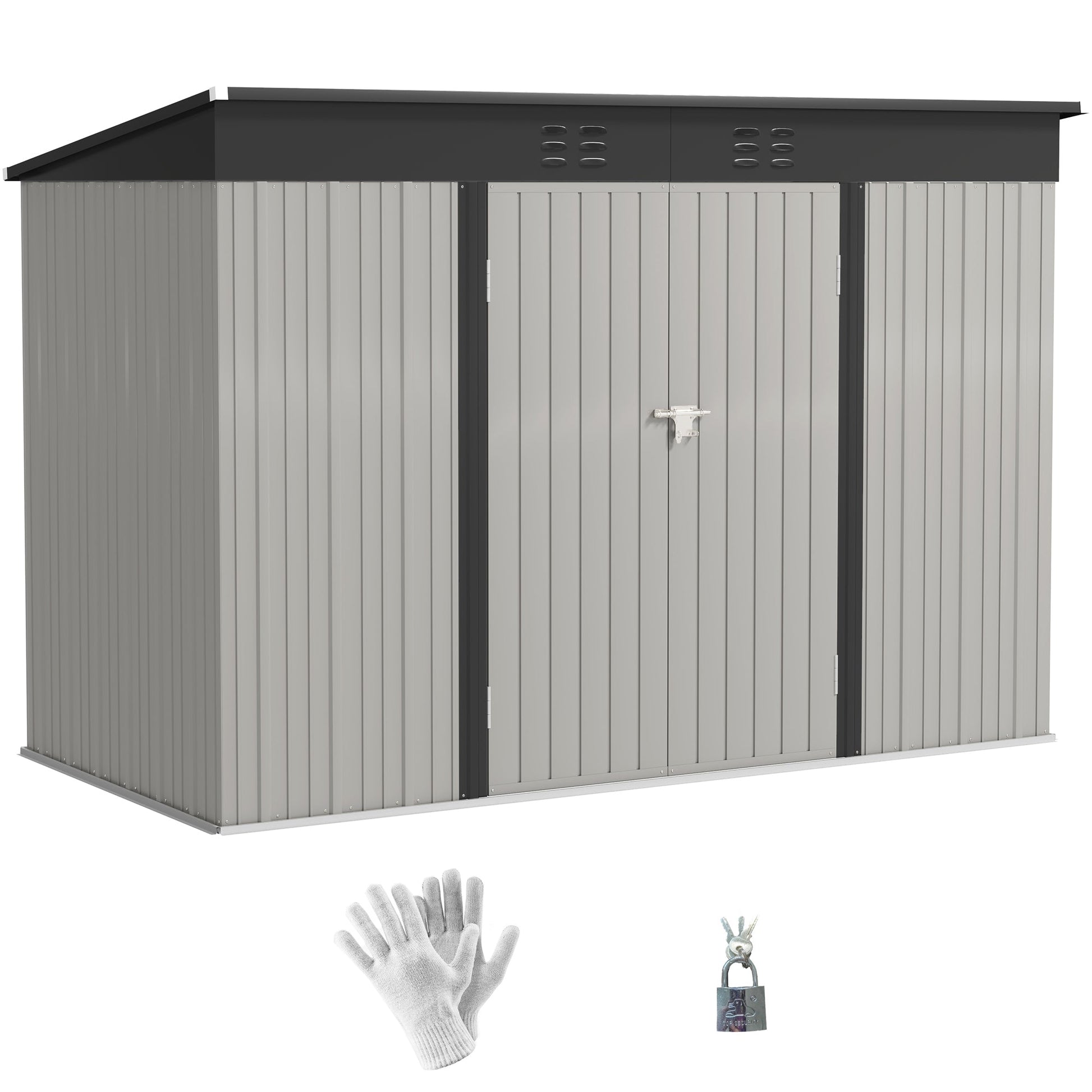 9' x 4' Storage Shed, Galvanized Steel Garden Shed, Wide Double Door with Lock, Gloves and 2 Air Vents for Backyard, Patio, Lawn, Grey