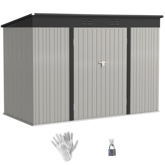 9' x 4' Storage Shed, Galvanized Steel Garden Shed, Wide Double Door with Lock, Gloves and 2 Air Vents for Backyard, Patio, Lawn, Grey