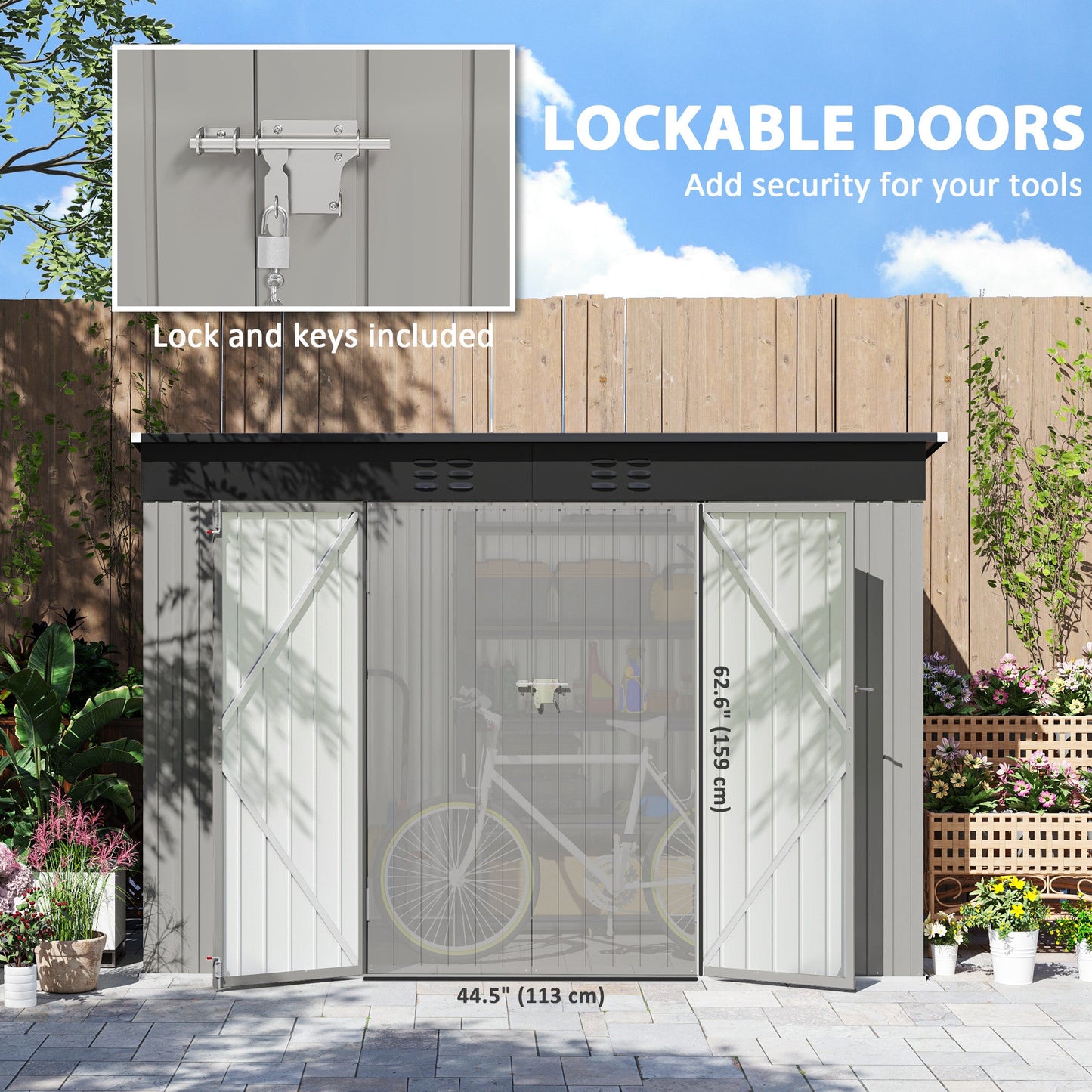9' x 4' Storage Shed, Galvanized Steel Garden Shed, Wide Double Door with Lock, Gloves and 2 Air Vents for Backyard, Patio, Lawn, Grey