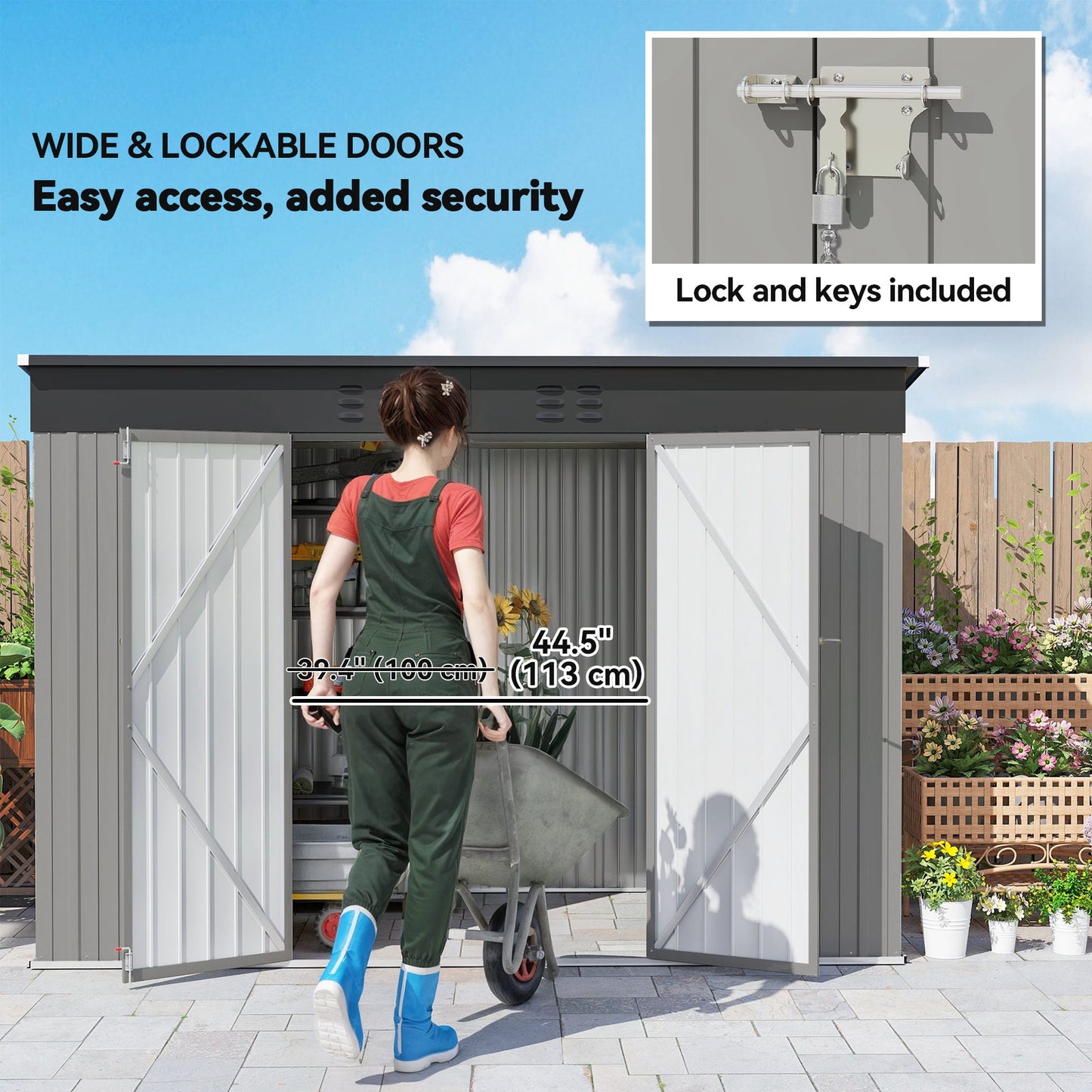 9' x 4' Storage Shed, Galvanized Steel Garden Shed, Wide Double Door with Lock, Gloves and 2 Air Vents for Backyard, Patio, Lawn, Grey