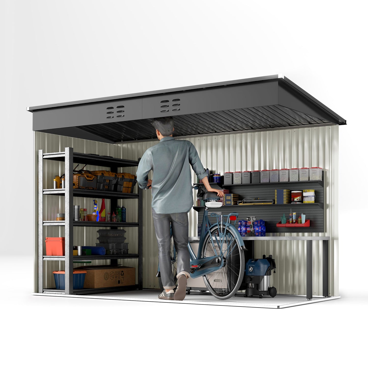 9' x 4' Storage Shed, Galvanized Steel Garden Shed, Wide Double Door with Lock, Gloves and 2 Air Vents for Backyard, Patio, Lawn, Grey