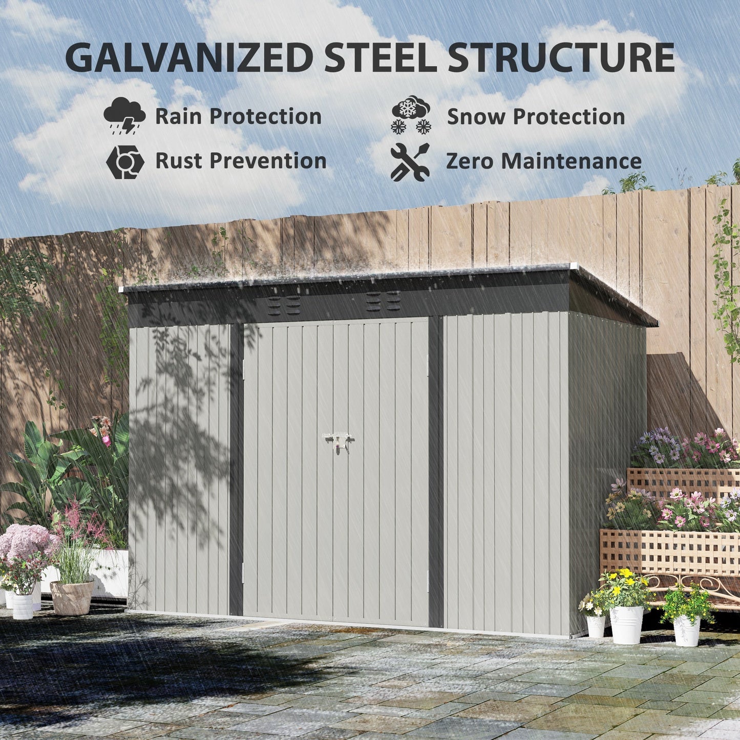 9' x 4' Storage Shed, Galvanized Steel Garden Shed, Wide Double Door with Lock, Gloves and 2 Air Vents for Backyard, Patio, Lawn, Grey