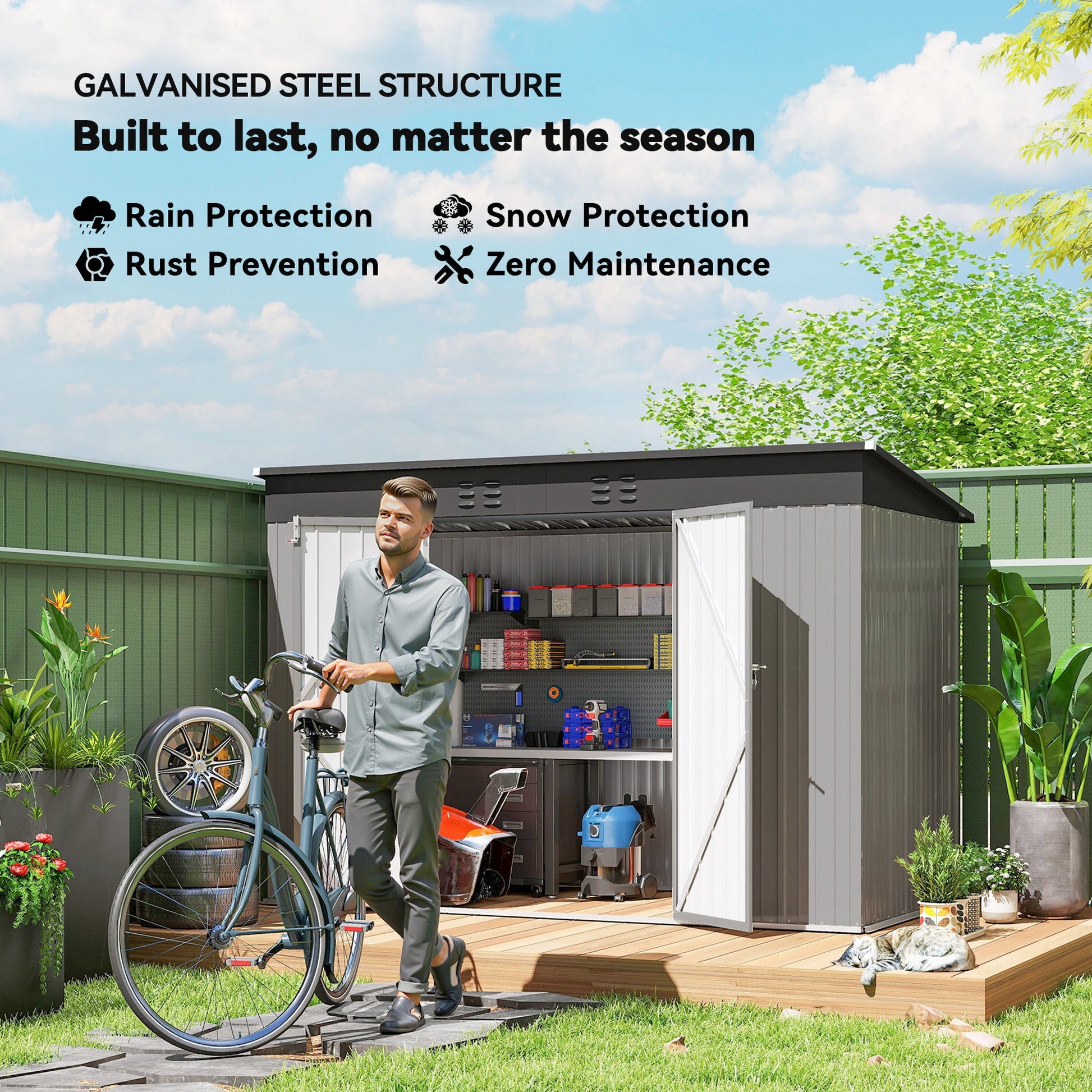 9' x 4' Storage Shed, Galvanized Steel Garden Shed, Wide Double Door with Lock, Gloves and 2 Air Vents for Backyard, Patio, Lawn, Grey