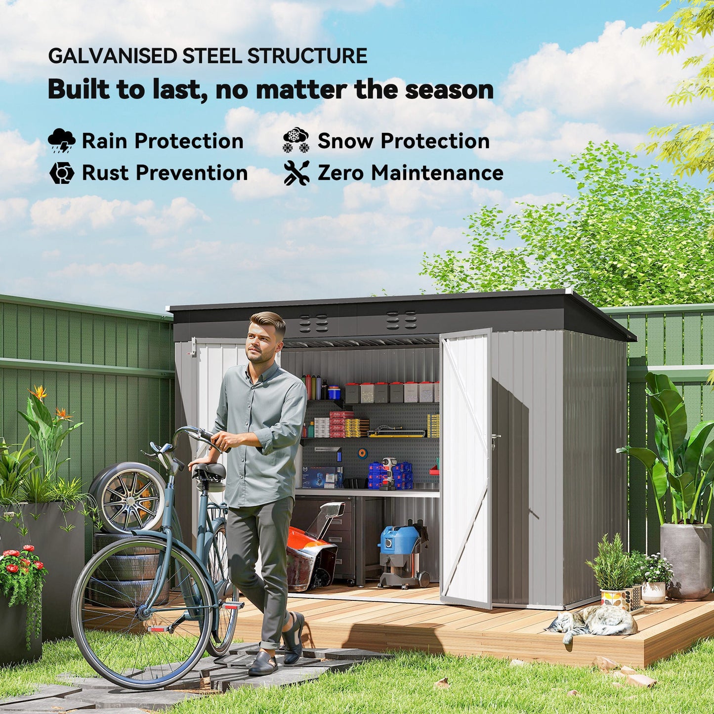 9' x 4' Storage Shed, Galvanized Steel Garden Shed, Wide Double Door with Lock, Gloves and 2 Air Vents for Backyard, Patio, Lawn, Grey