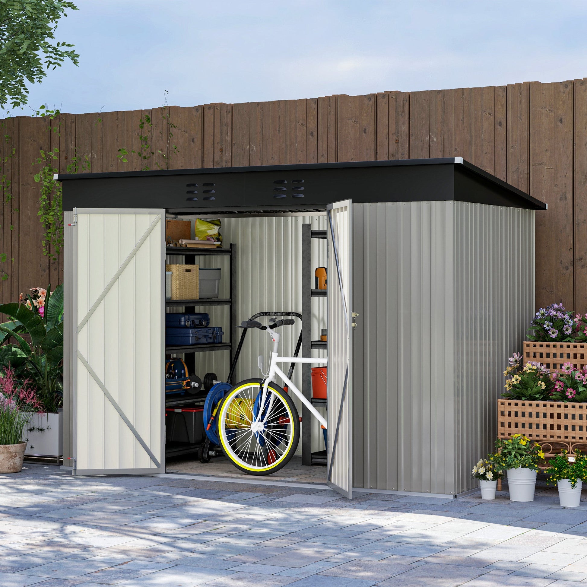 9' x 4' Storage Shed, Galvanized Steel Garden Shed, Wide Double Door with Lock, Gloves and 2 Air Vents for Backyard, Patio, Lawn, Grey