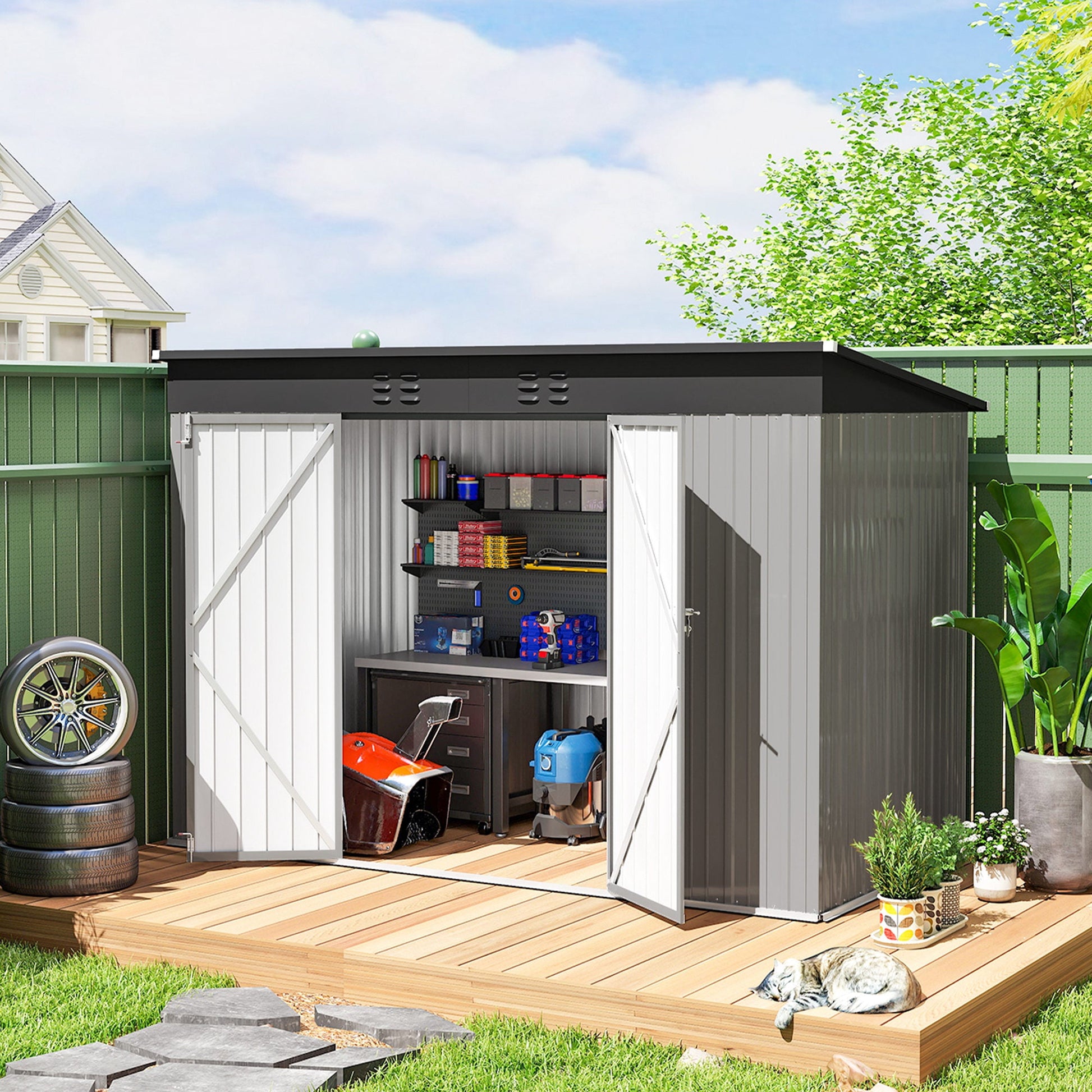 9' x 4' Storage Shed, Galvanized Steel Garden Shed, Wide Double Door with Lock, Gloves and 2 Air Vents for Backyard, Patio, Lawn, Grey