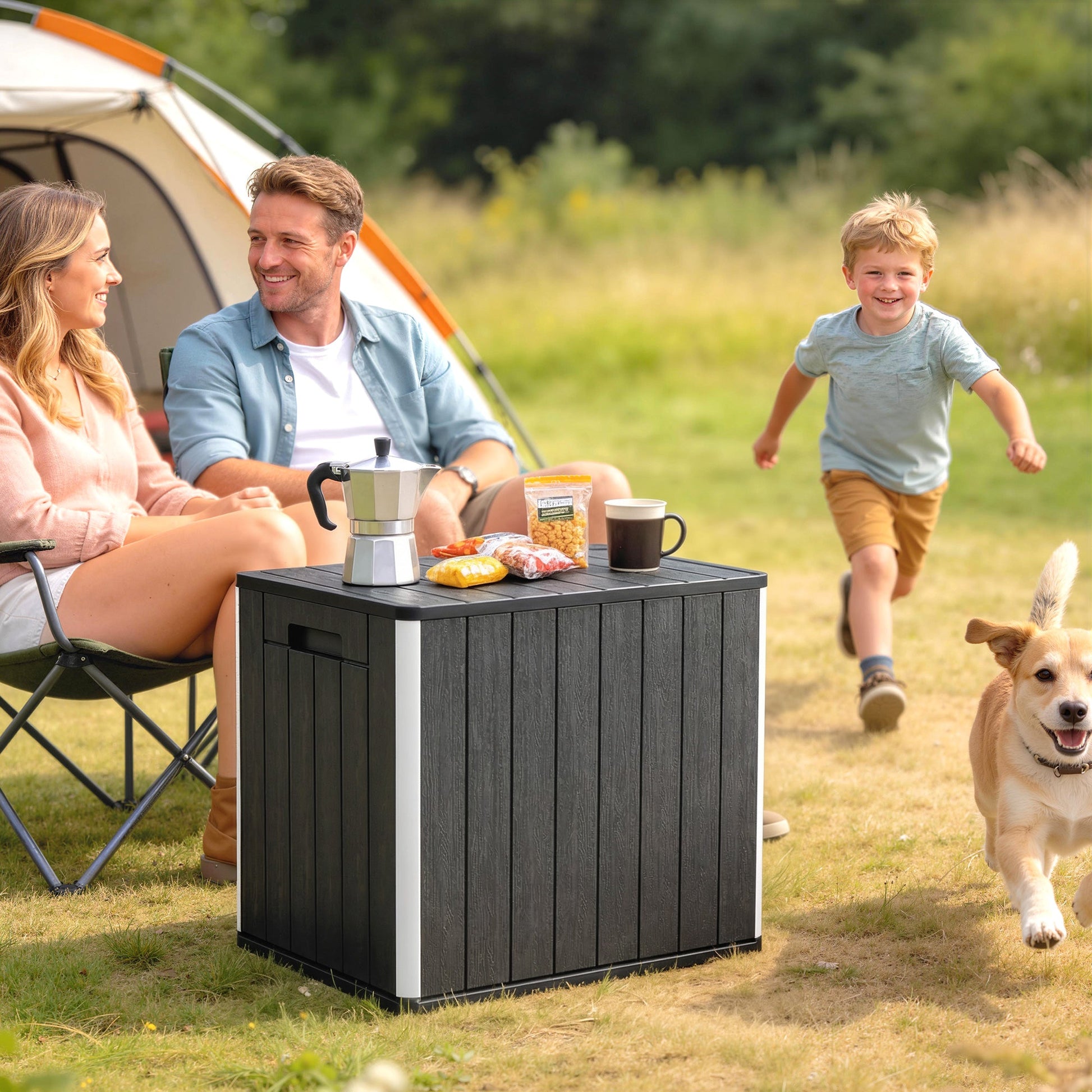 30 Gallon Outdoor Storage Box, Outdoor Side Table with Umbrella Holder, HDPE Deck Box Garden Storage Container for Balcony, Porch, Poolside