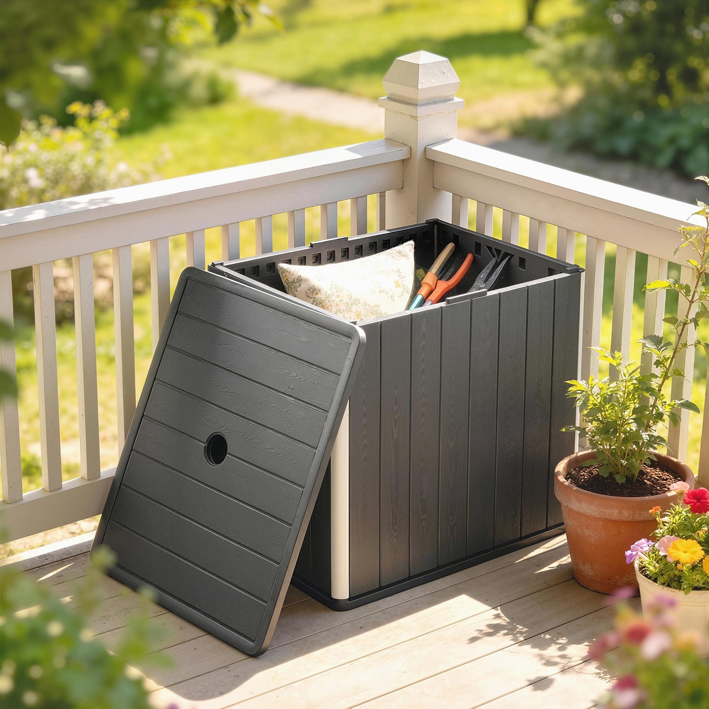 30 Gallon Outdoor Storage Box, Outdoor Side Table with Umbrella Holder, HDPE Deck Box Garden Storage Container for Balcony, Porch, Poolside
