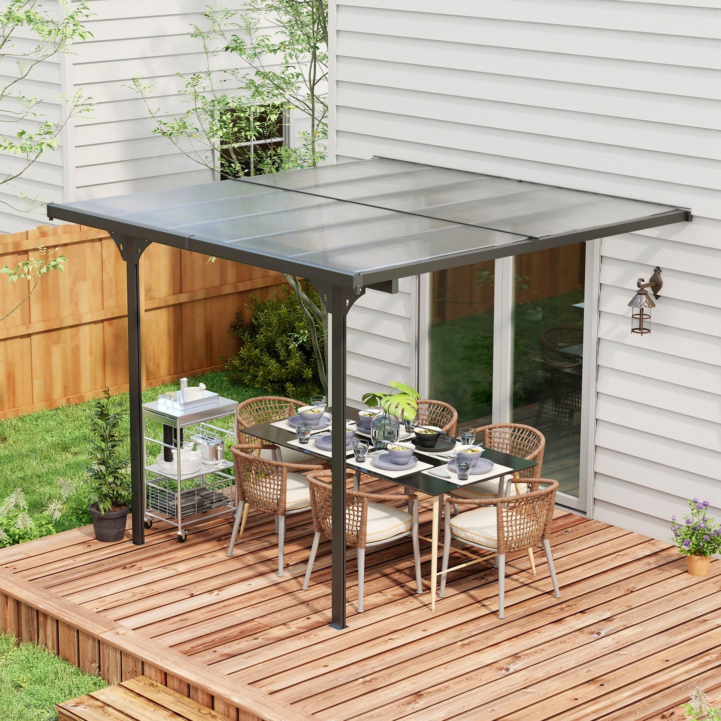 10' x 10' Outdoor Lean to Hardtop Pergola with Polycarbonate Roof, Wall Mounted Gazebo with Adjustable Height, Aluminum Frame, and UV Protection, Grey