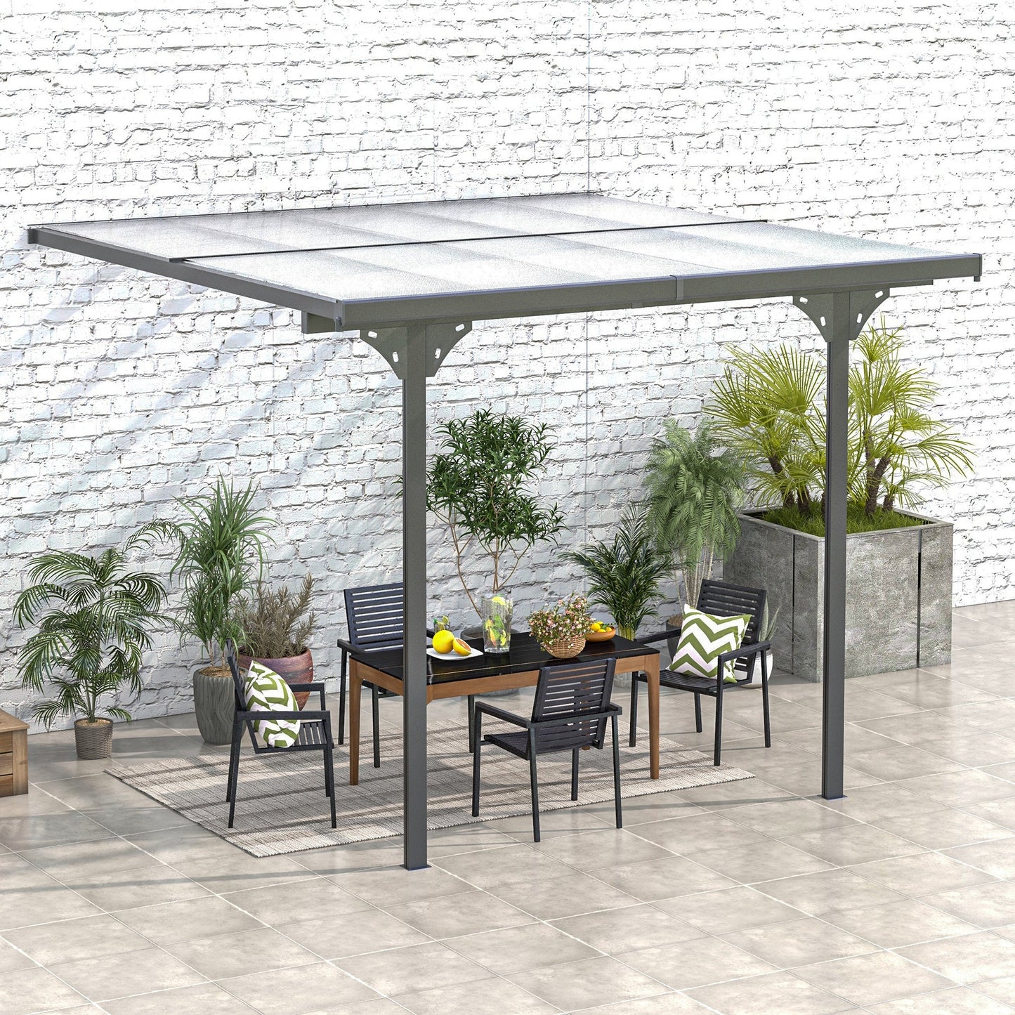 10' x 10' Outdoor Lean to Hardtop Pergola with Polycarbonate Roof, Wall Mounted Gazebo with Adjustable Height, Aluminum Frame, and UV Protection, Grey