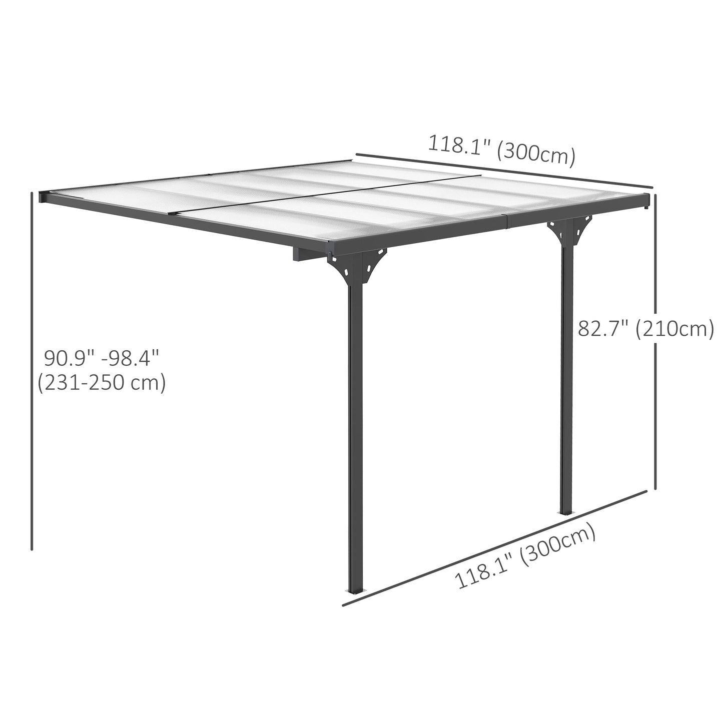 10' x 10' Outdoor Lean to Hardtop Pergola with Polycarbonate Roof, Wall Mounted Gazebo with Adjustable Height, Aluminum Frame, and UV Protection, Grey