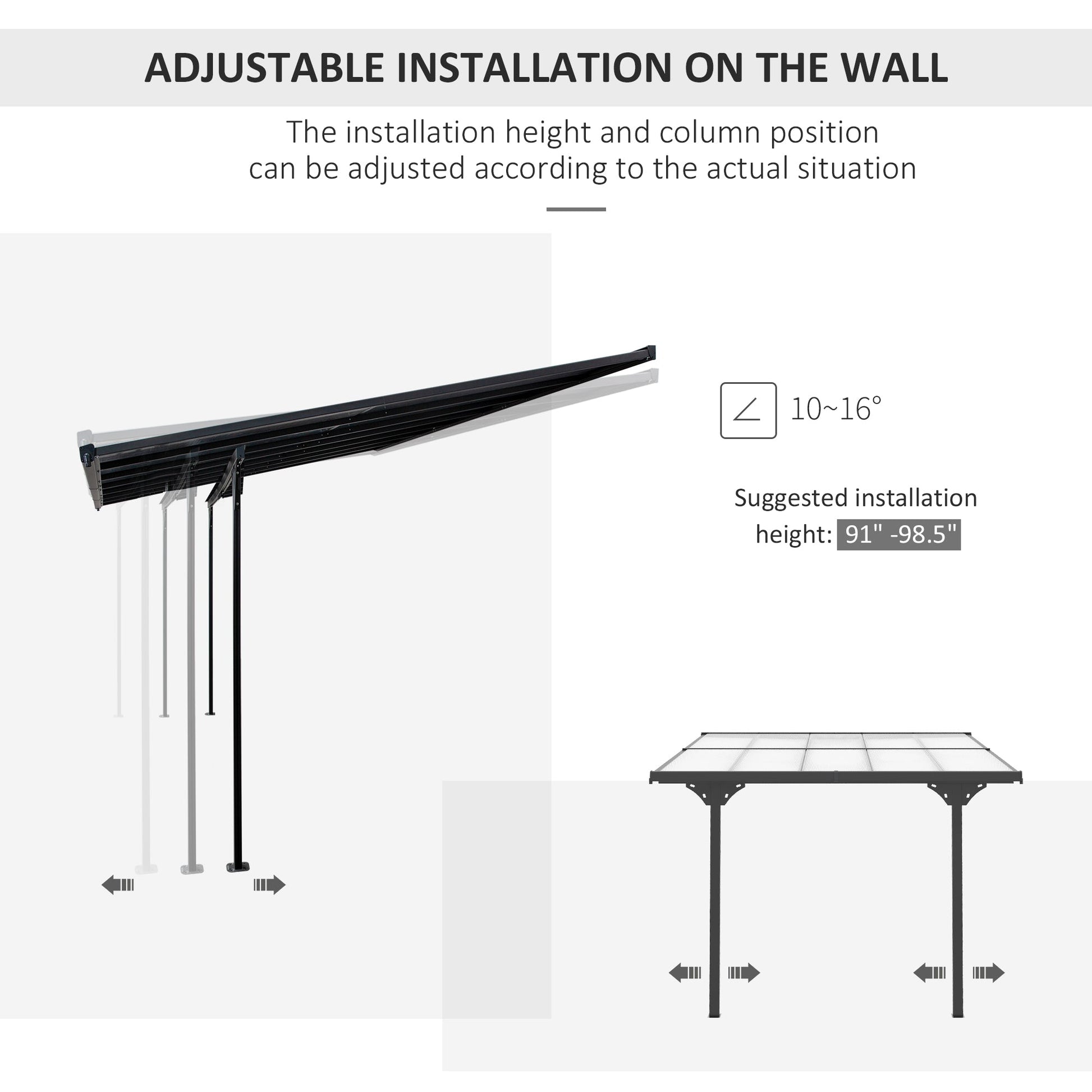 10' x 10' Outdoor Lean to Hardtop Pergola with Polycarbonate Roof, Wall Mounted Gazebo with Adjustable Height, Aluminum Frame, and UV Protection, Grey