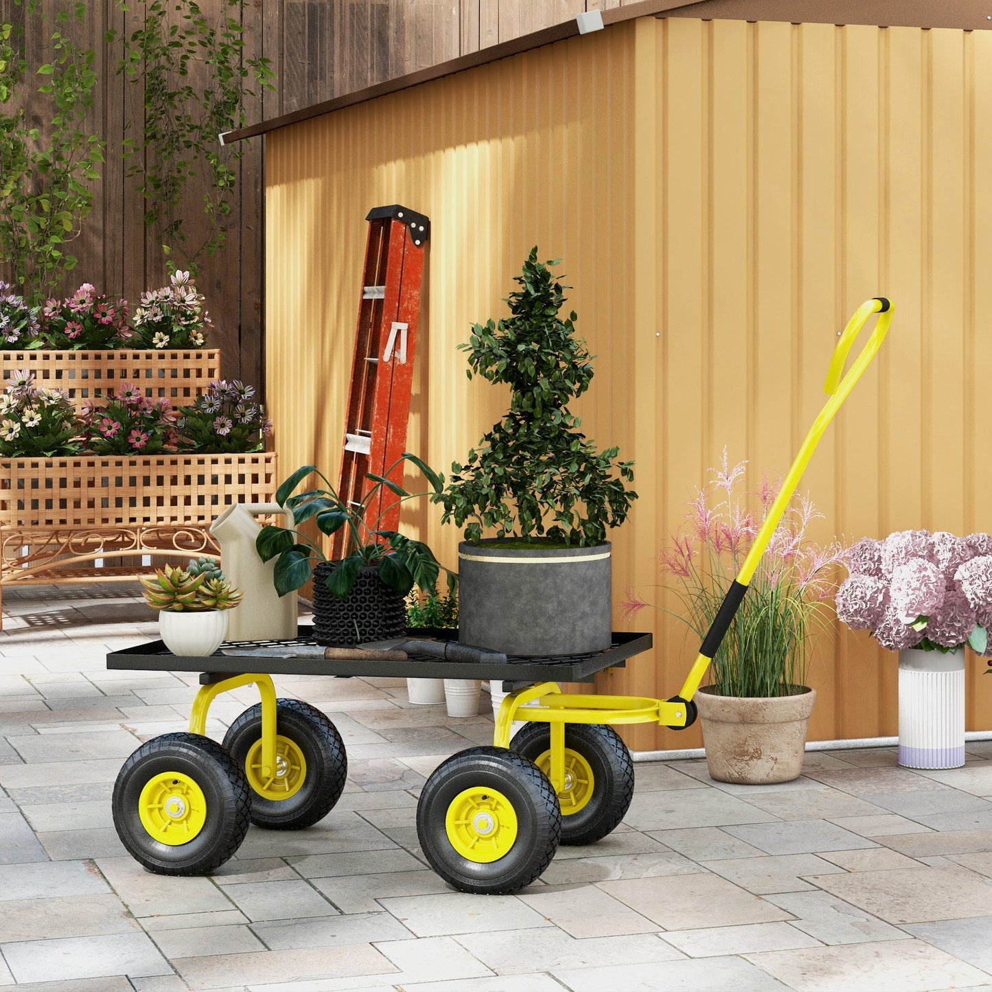 Heavy Duty Garden Wagon Cart, Utility Wagon Cart with Metal Frame, 10" Wheels and 180° Rotating Handle, 330 lbs Capacity, for Garden, Beach, Lawn, Yellow