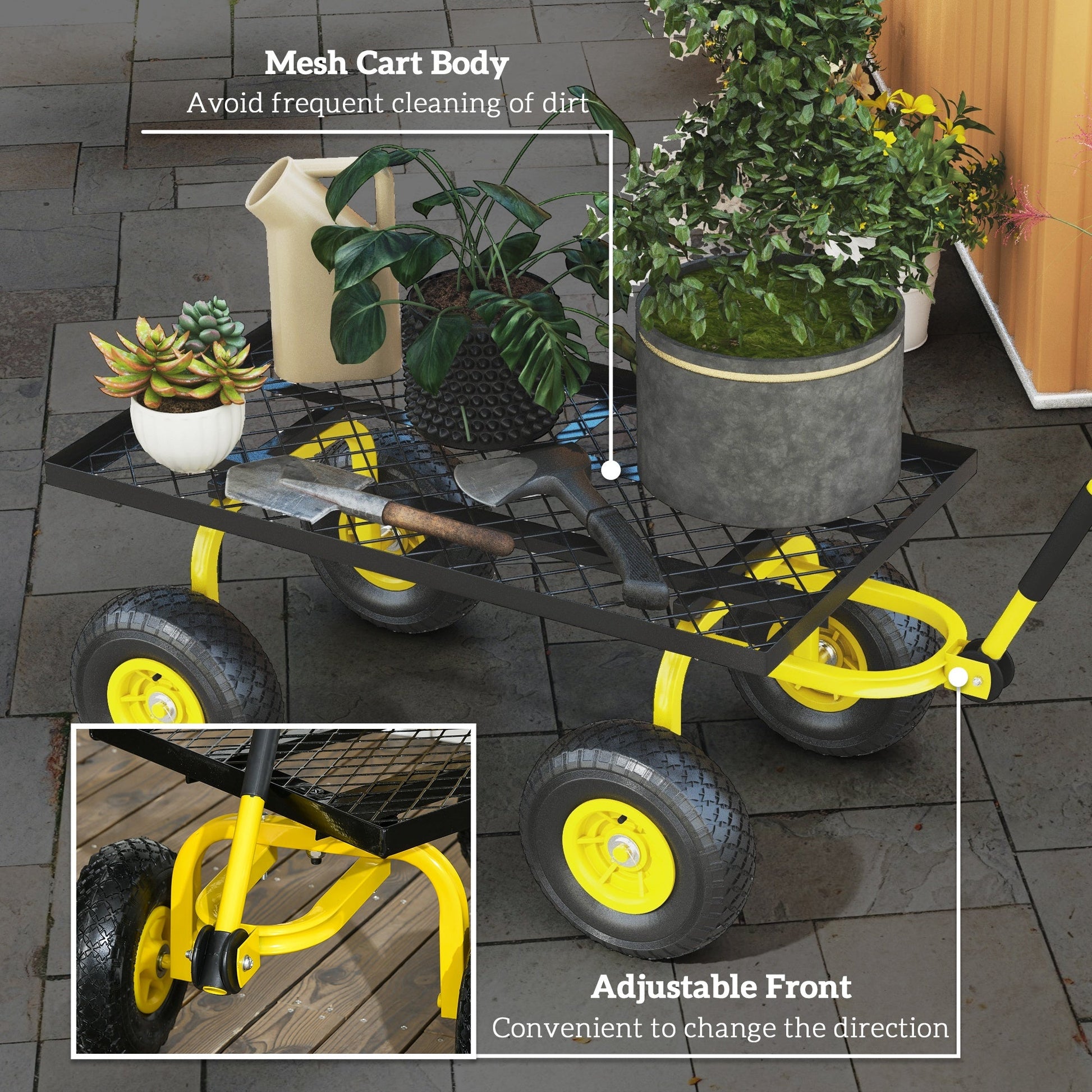 Heavy Duty Garden Wagon Cart, Utility Wagon Cart with Metal Frame, 10" Wheels and 180° Rotating Handle, 330 lbs Capacity, for Garden, Beach, Lawn, Yellow